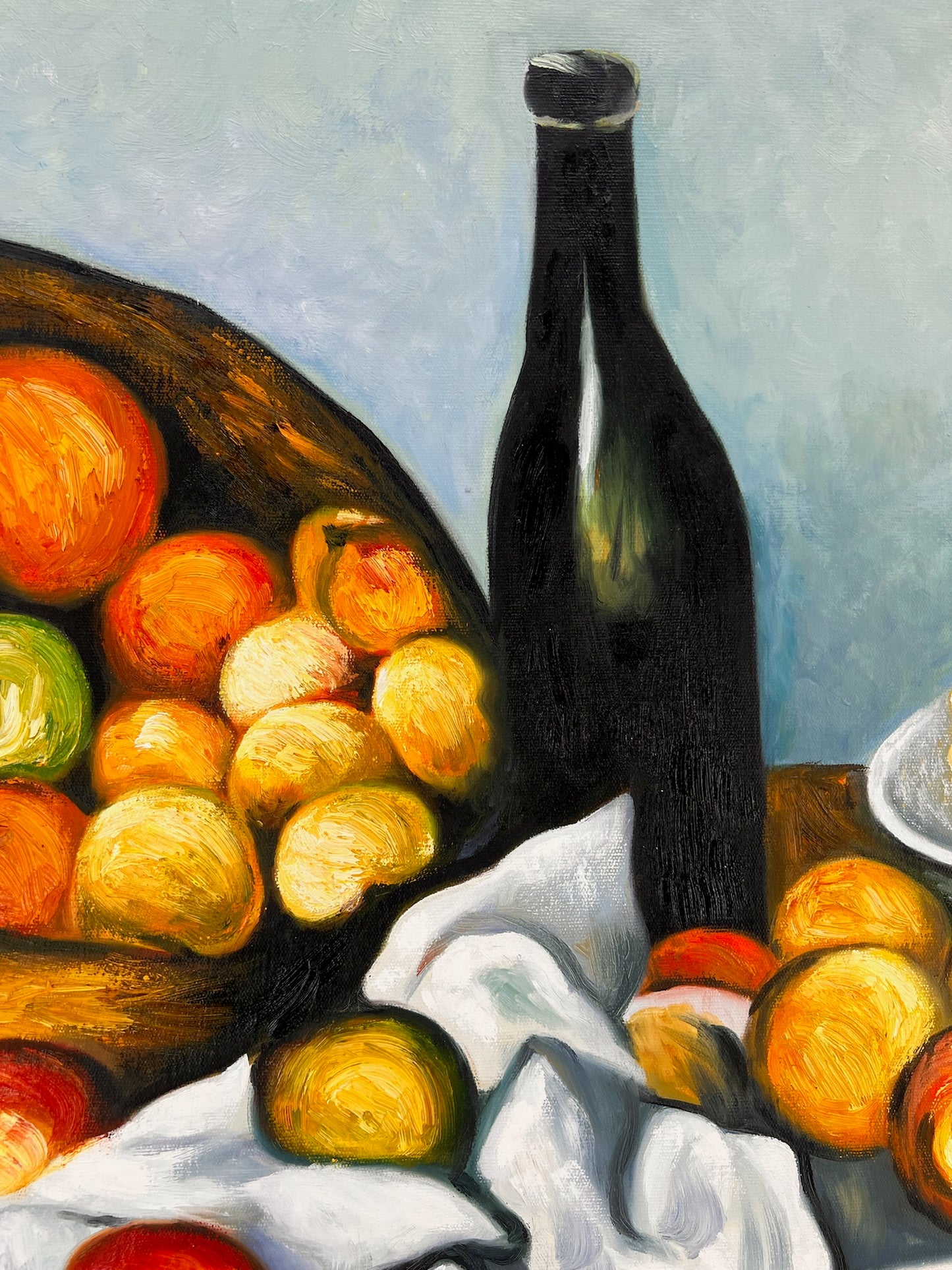 Frutta e torta – Dipinto ad olio post-impressionista dipinto a mano su tela (64 × 80 cm)
