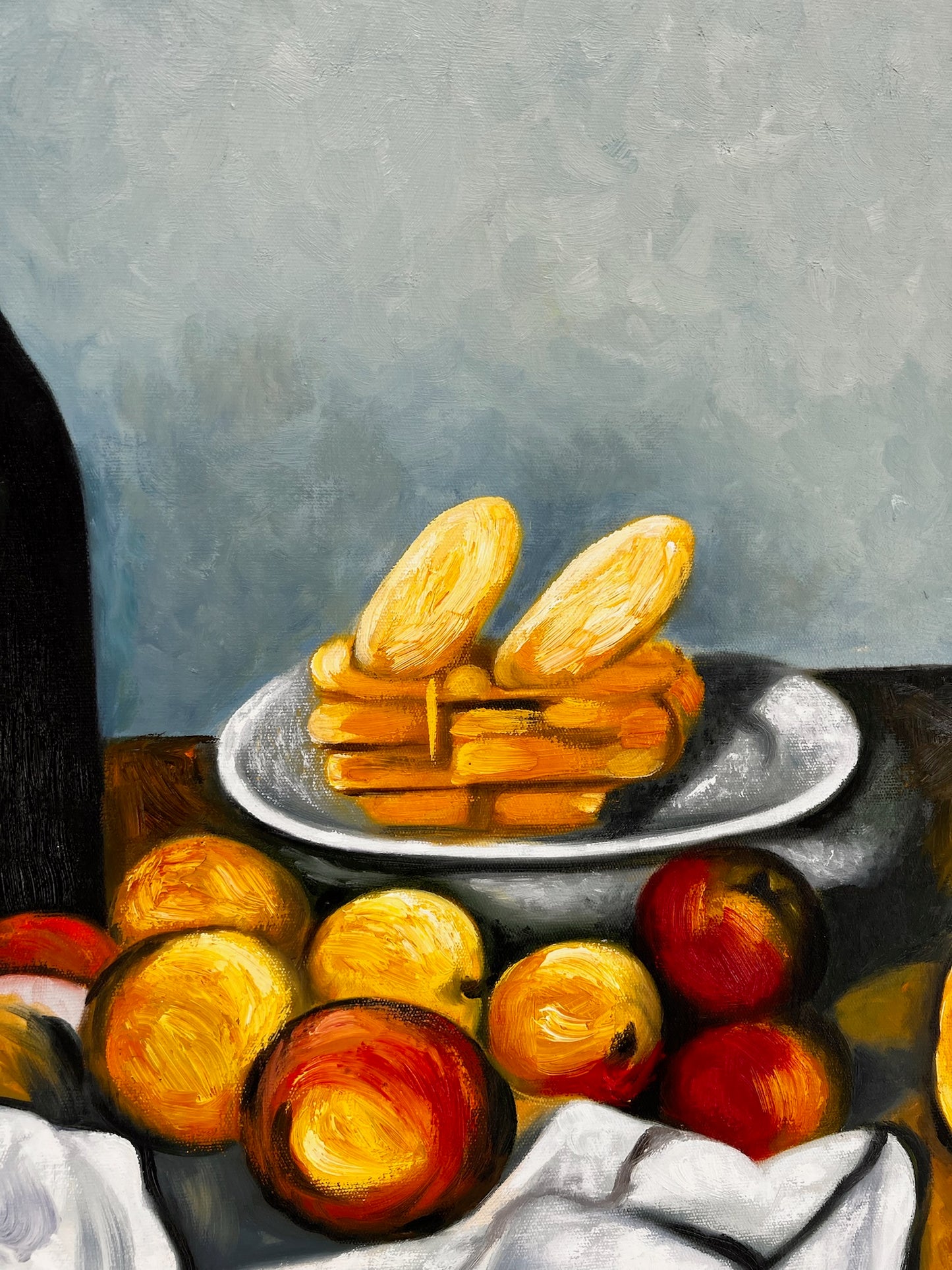 Frutta e torta – Dipinto ad olio post-impressionista dipinto a mano su tela (64 × 80 cm)