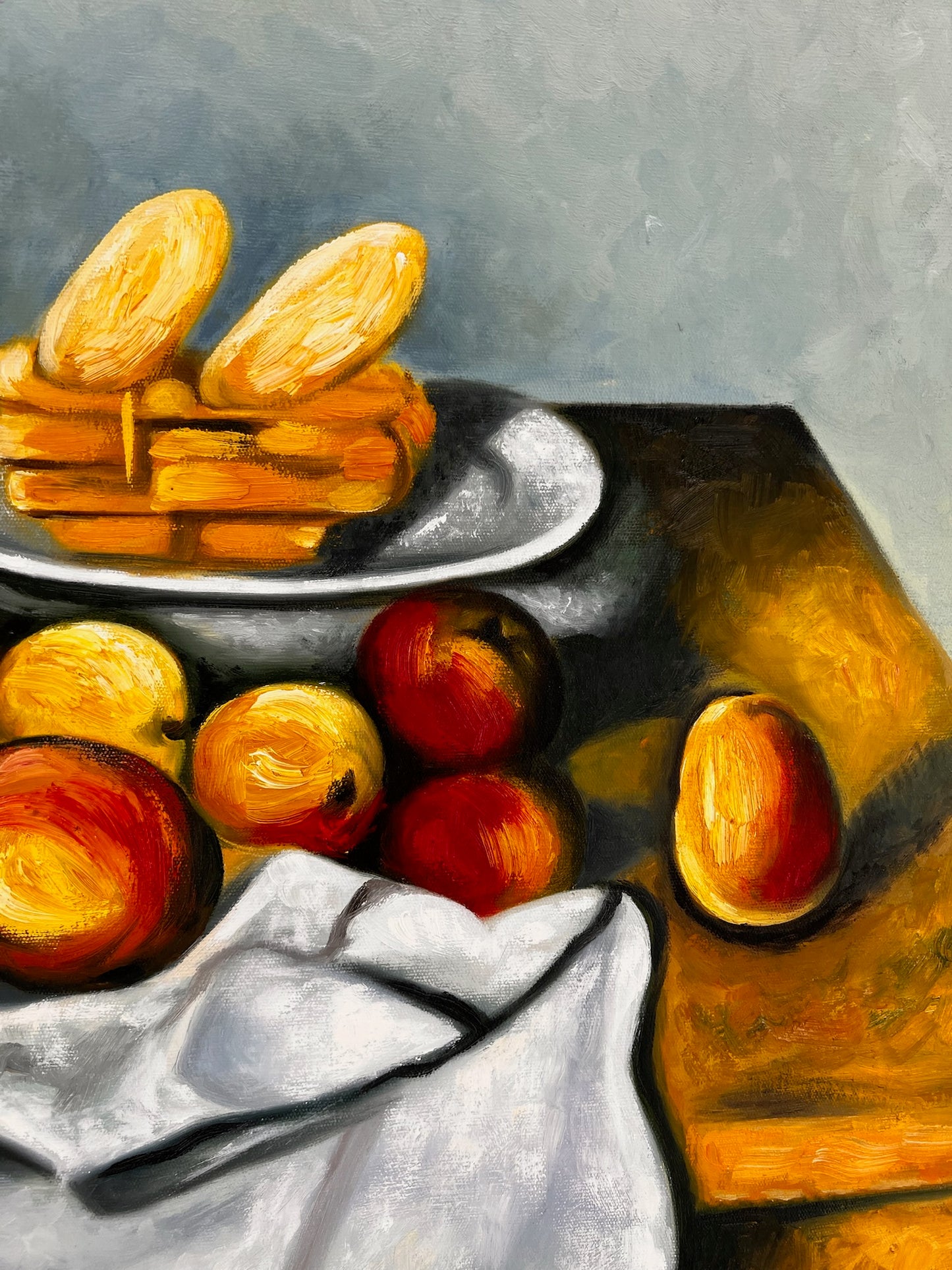 Frutta e torta – Dipinto ad olio post-impressionista dipinto a mano su tela (64 × 80 cm)