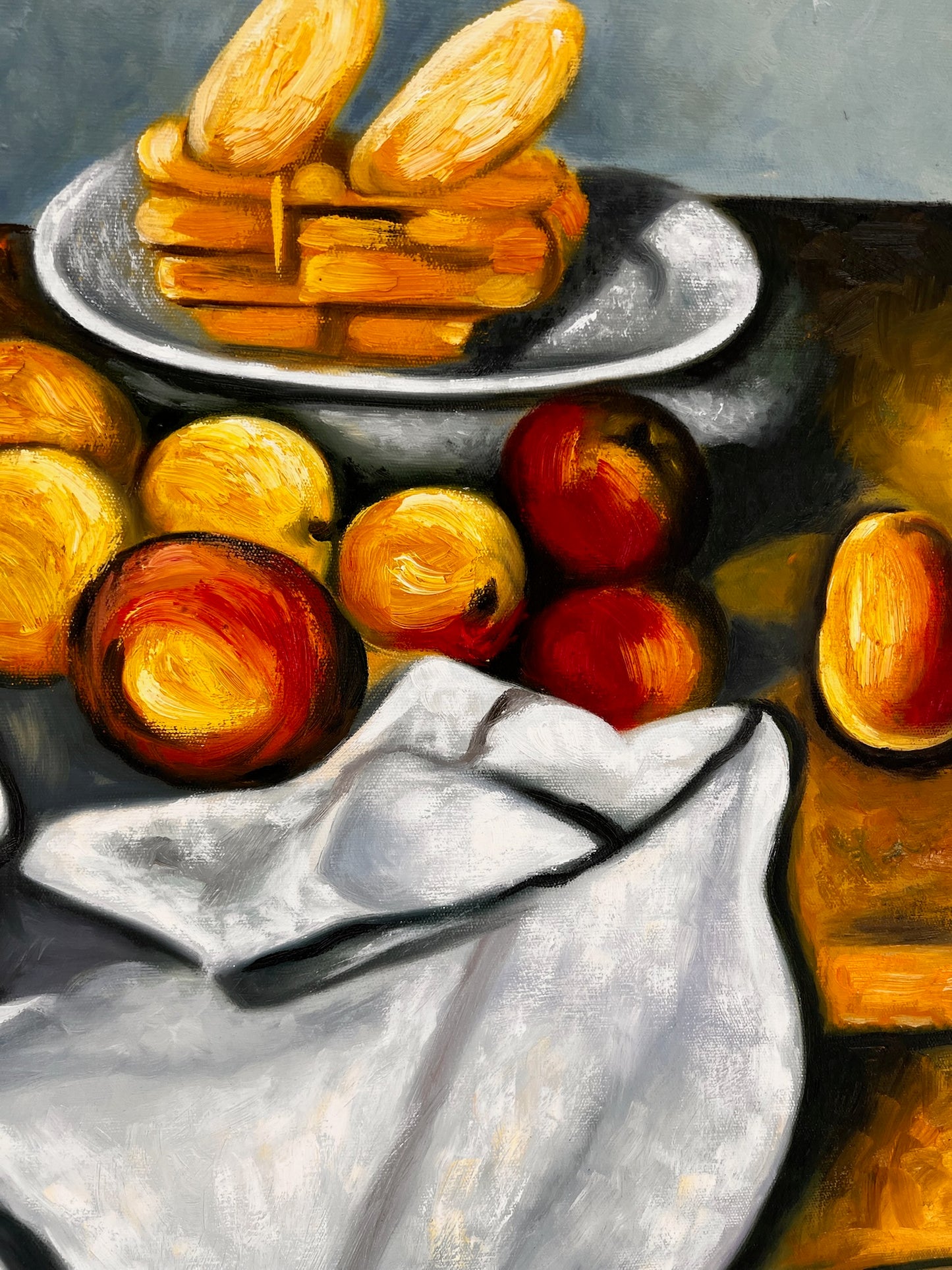 Frutta e torta – Dipinto ad olio post-impressionista dipinto a mano su tela (64 × 80 cm)