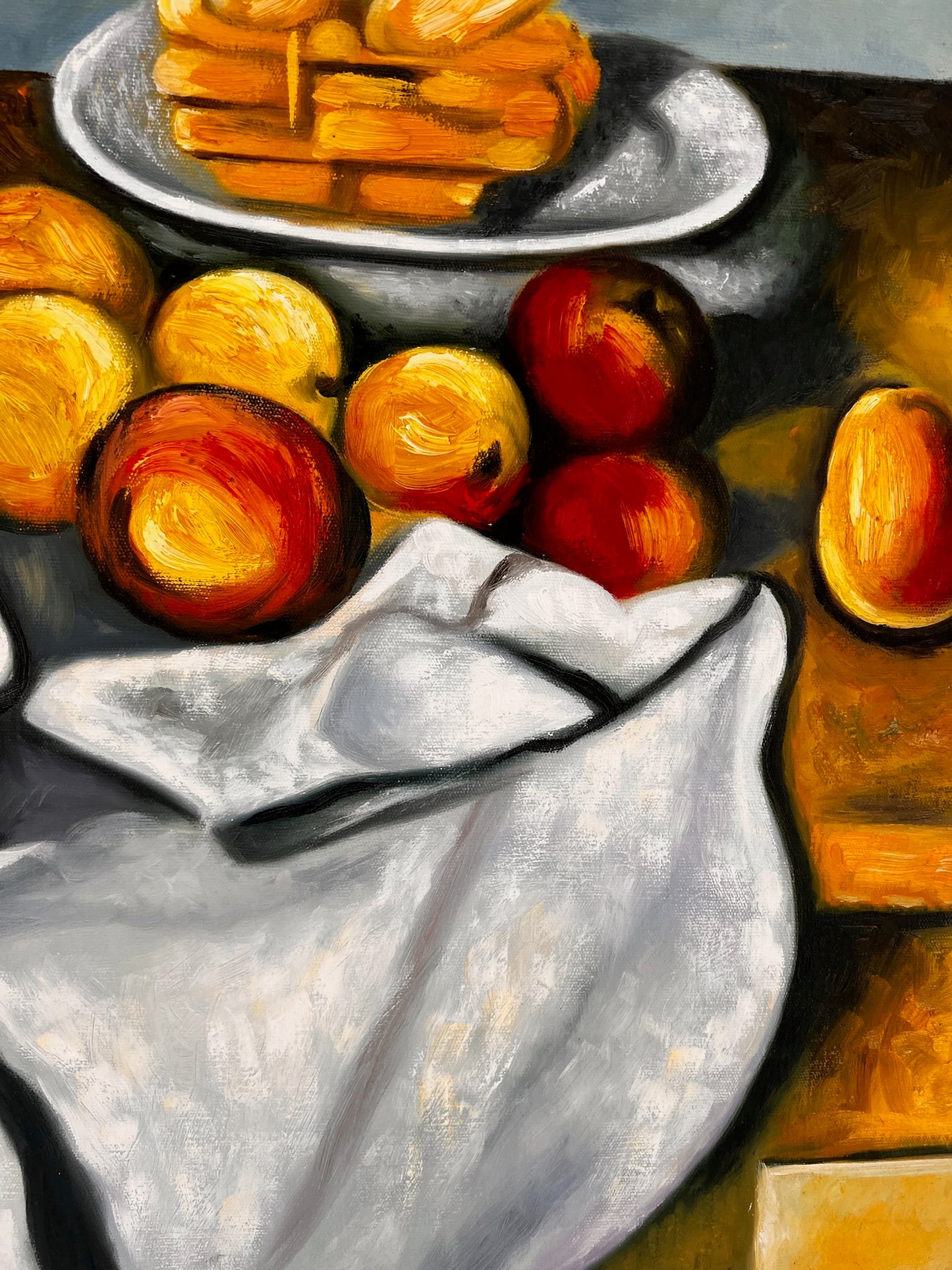 Frutta e torta – Dipinto ad olio post-impressionista dipinto a mano su tela (64 × 80 cm)
