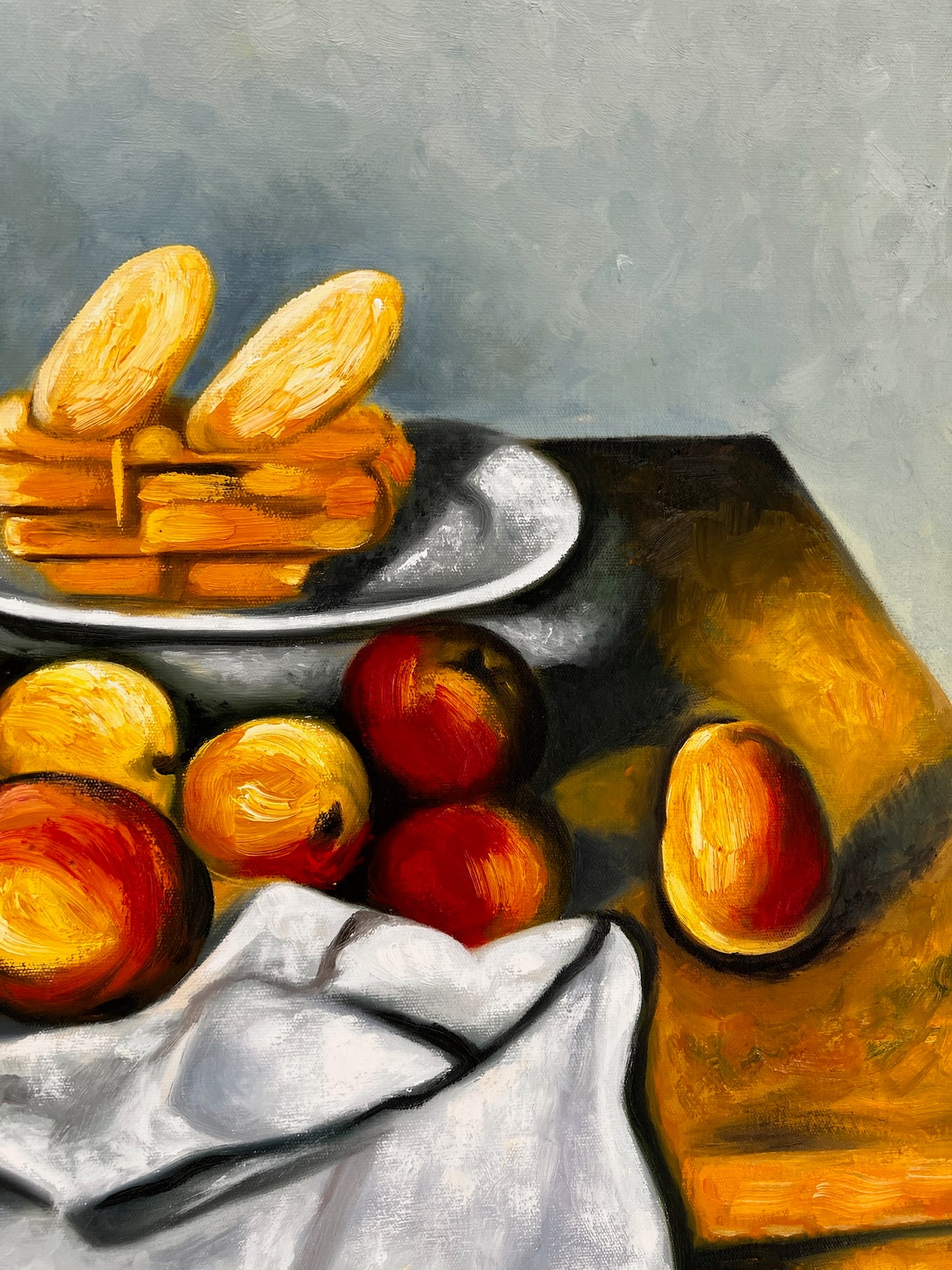 Frutta e torta – Dipinto ad olio post-impressionista dipinto a mano su tela (64 × 80 cm)