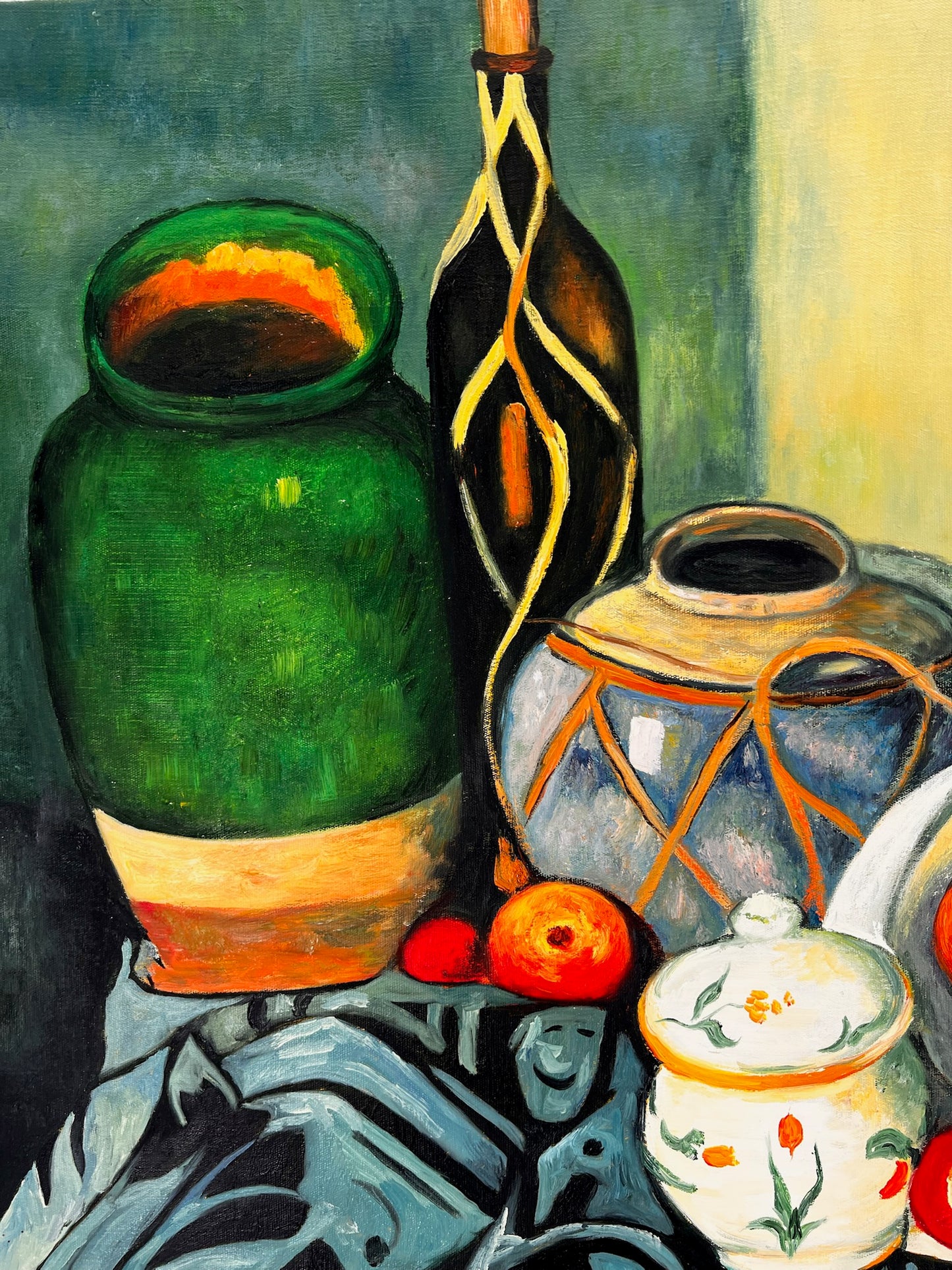 Natura morta con frutta e bottiglia verde – Dipinto a olio post-impressionista dipinto a mano su tela (64 × 80 cm)