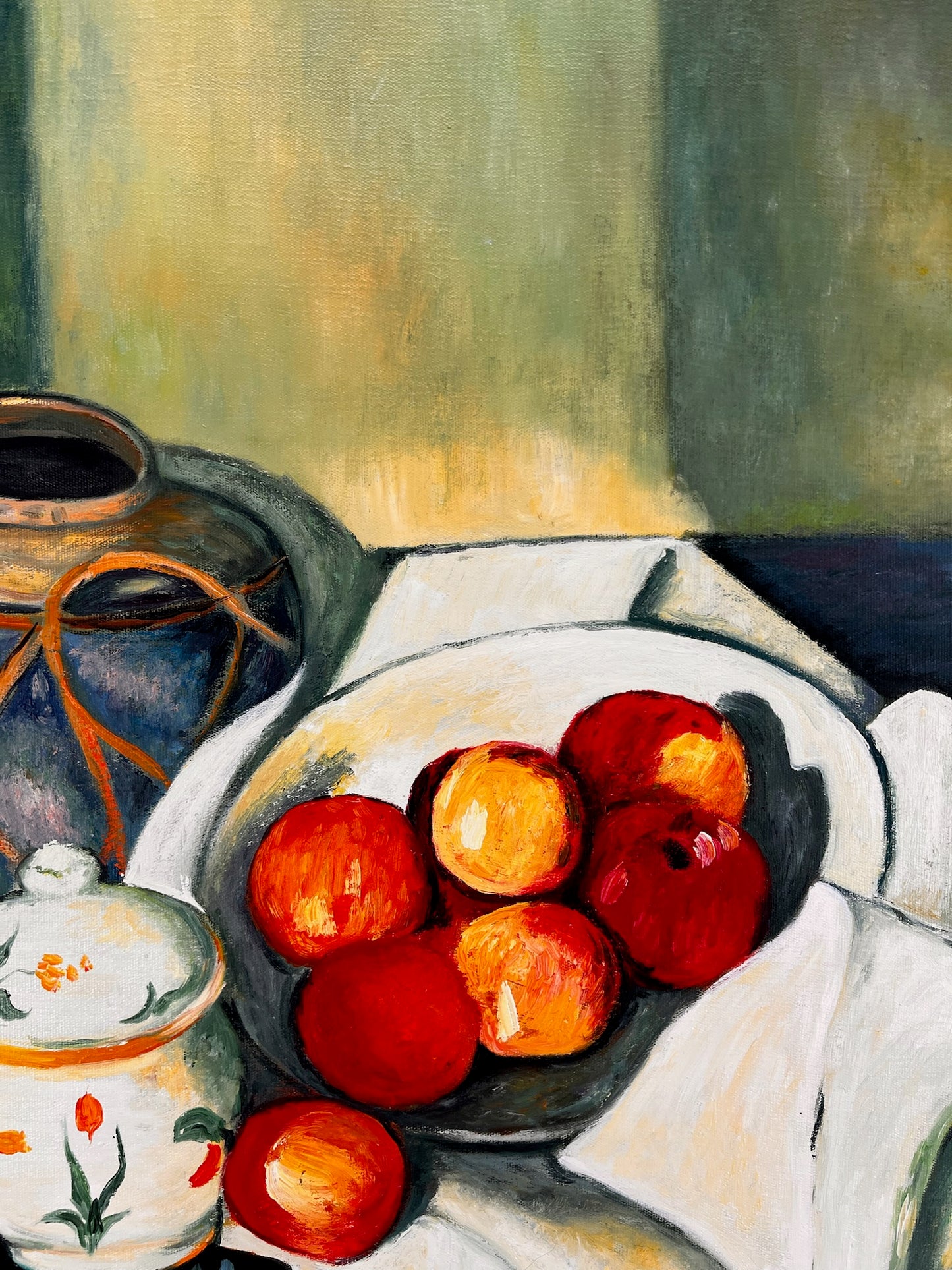 Natura morta con frutta e bottiglia verde – Dipinto a olio post-impressionista dipinto a mano su tela (64 × 80 cm)