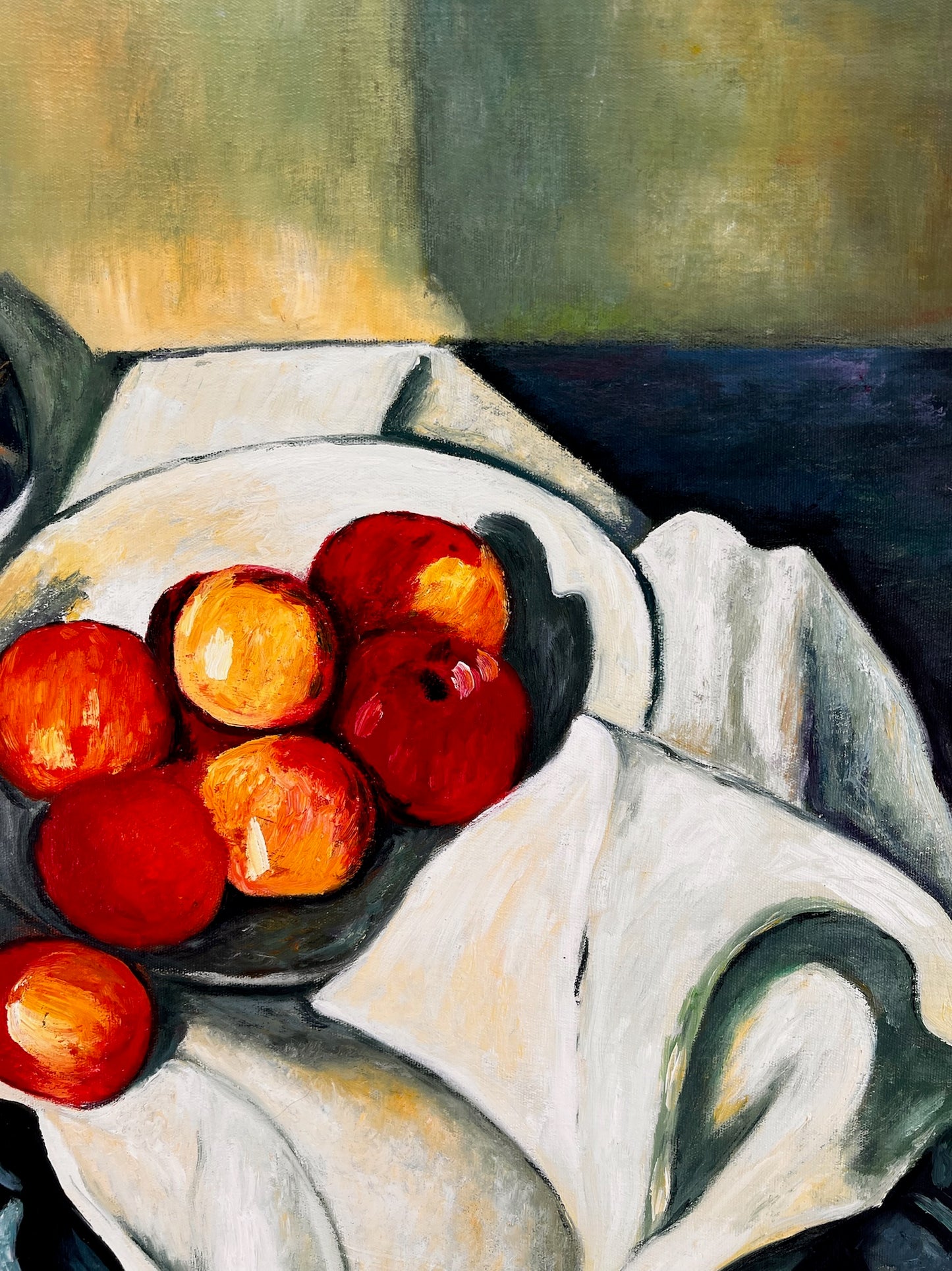 Natura morta con frutta e bottiglia verde – Dipinto a olio post-impressionista dipinto a mano su tela (64 × 80 cm)
