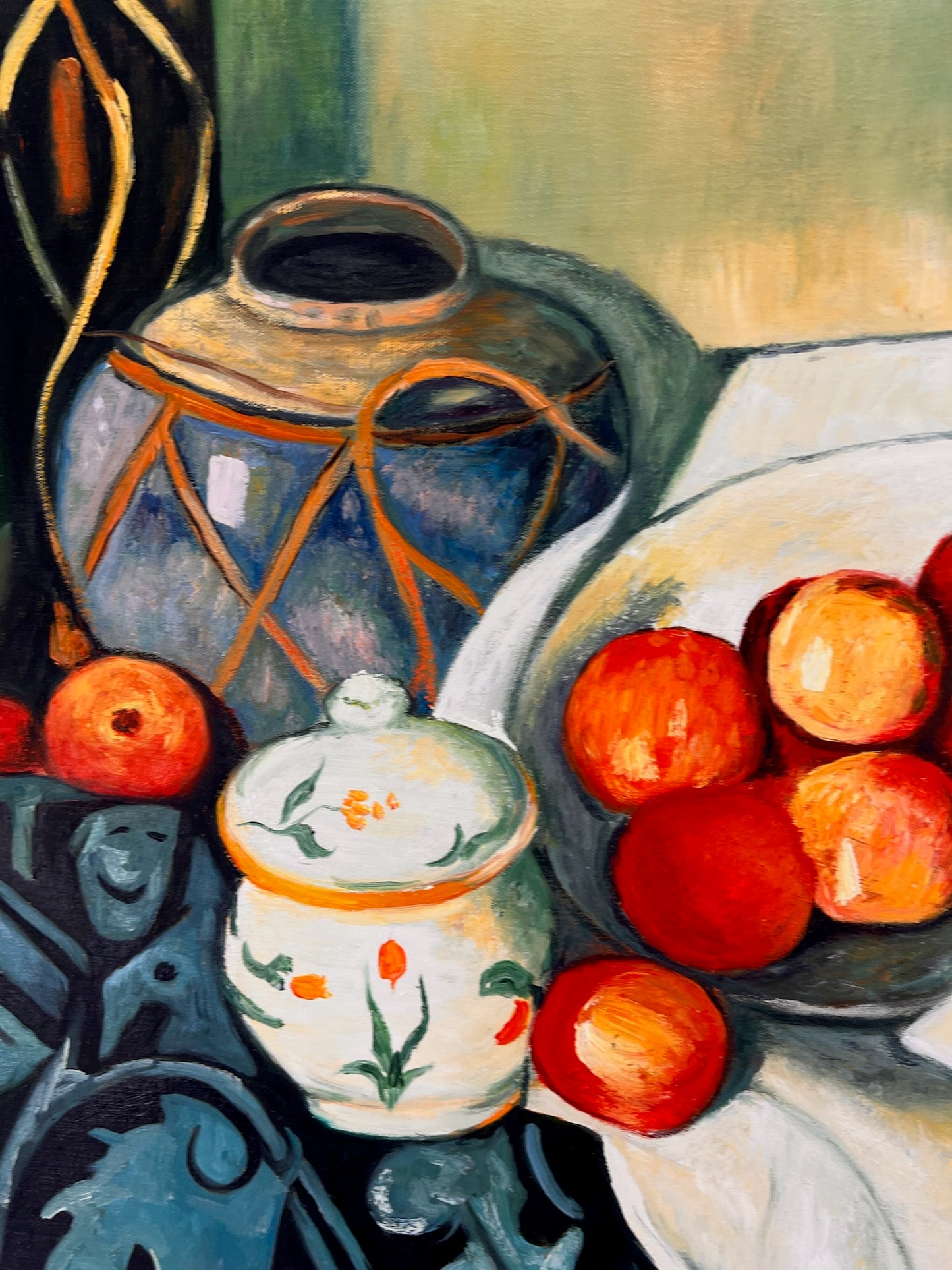 Natura morta con frutta e bottiglia verde – Dipinto a olio post-impressionista dipinto a mano su tela (64 × 80 cm)