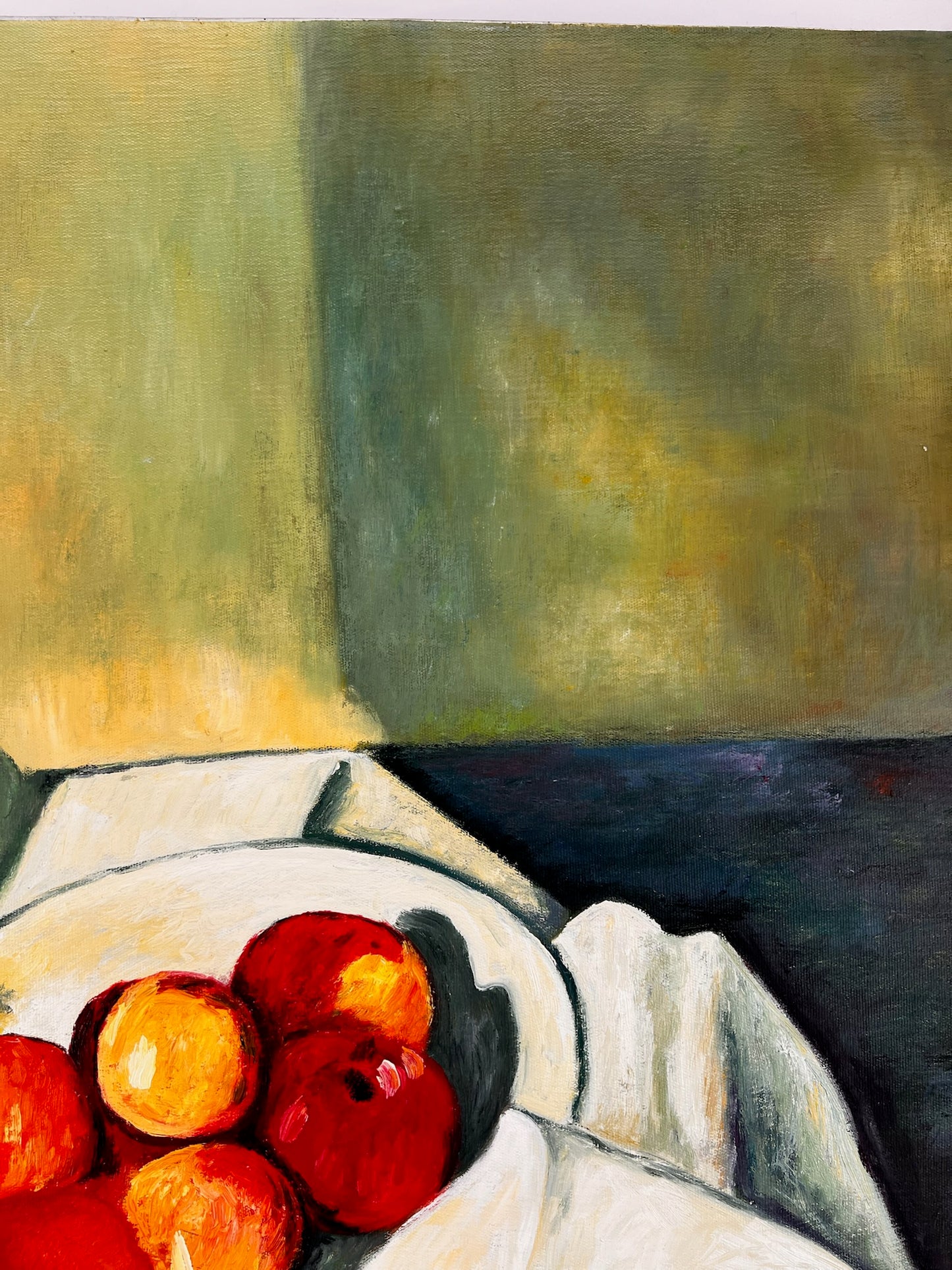 Natura morta con frutta e bottiglia verde – Dipinto a olio post-impressionista dipinto a mano su tela (64 × 80 cm)