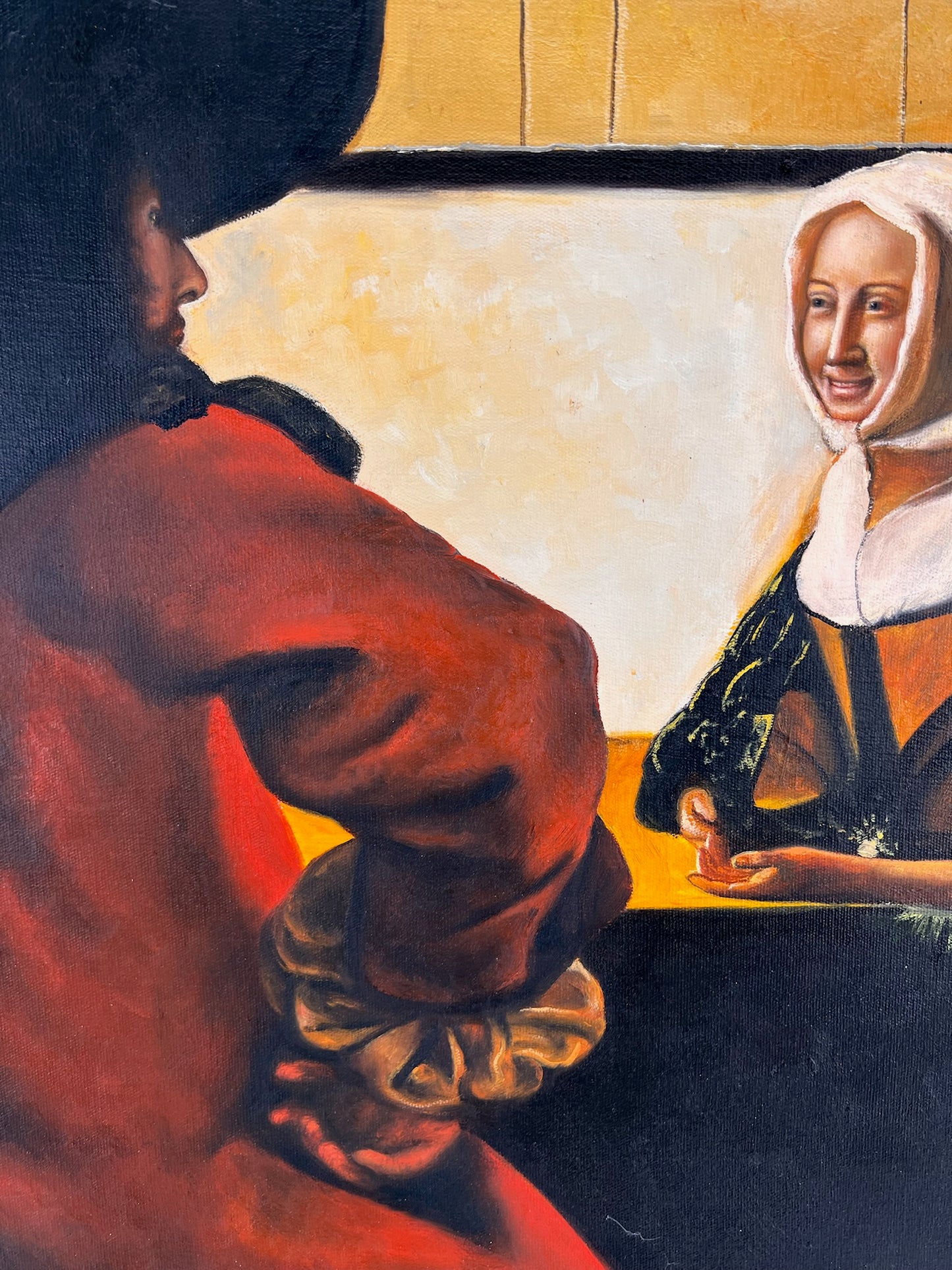 Johannes Vermeer – Soldato e ragazza sorridente – Olio su tela dipinto a mano (60 × 80 cm)