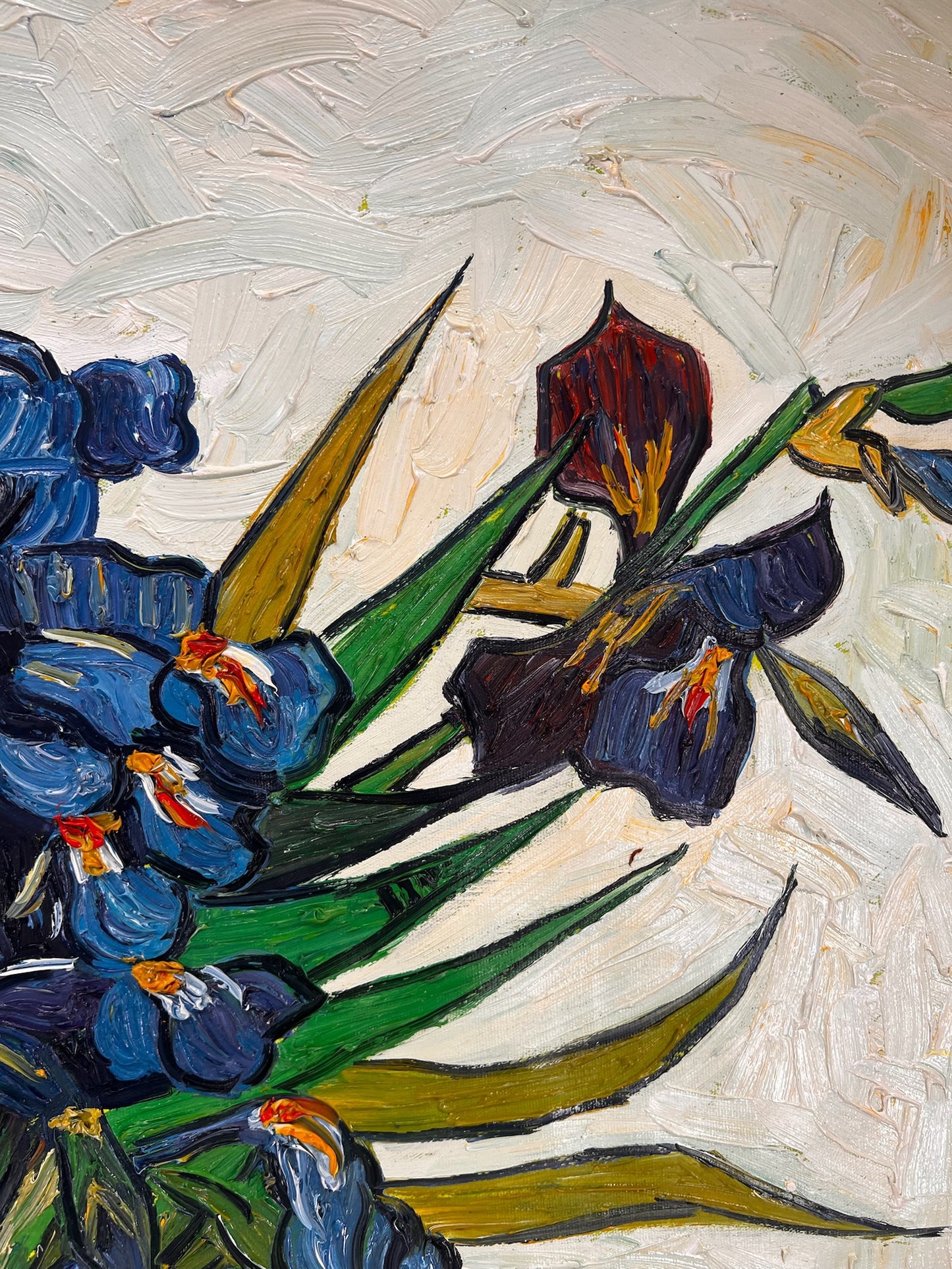 Vaso con iris (di Vincent van Gogh) – Dipinto a olio post-impressionista dipinto a mano su tela (73 × 92,5 cm)