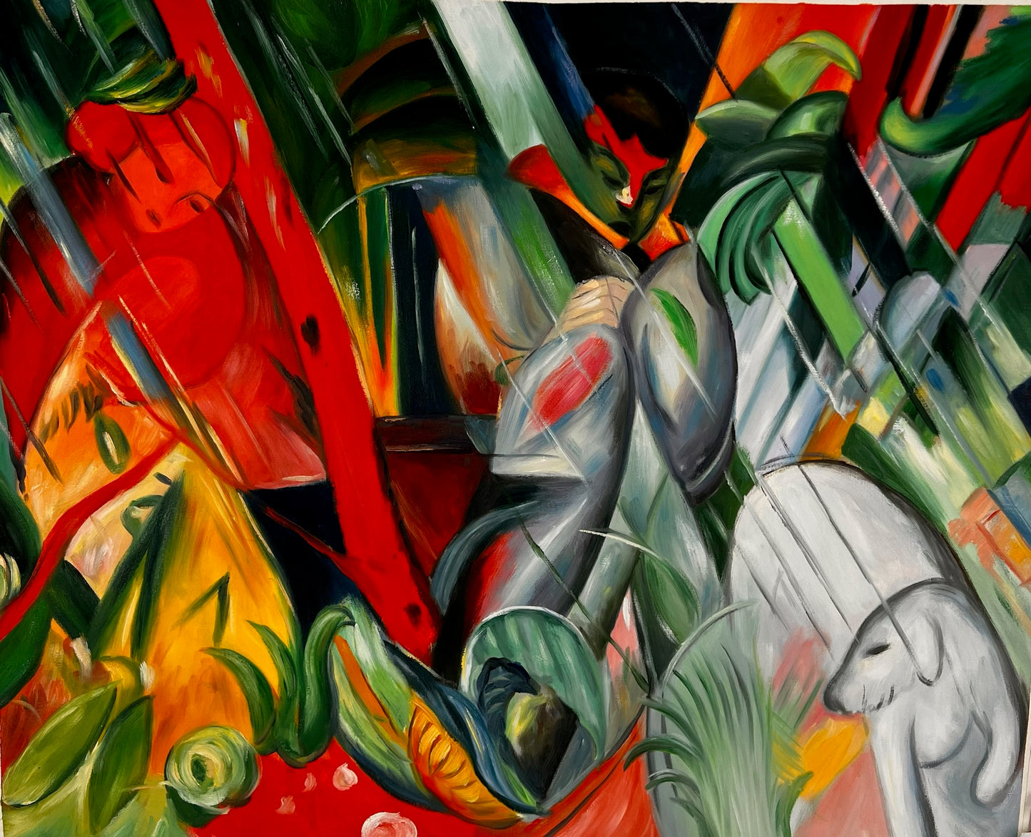 Sotto la pioggia (da Franz Marc) – Olio su tela espressionista dipinto a mano (64 × 80 cm, consegnato arrotolato)