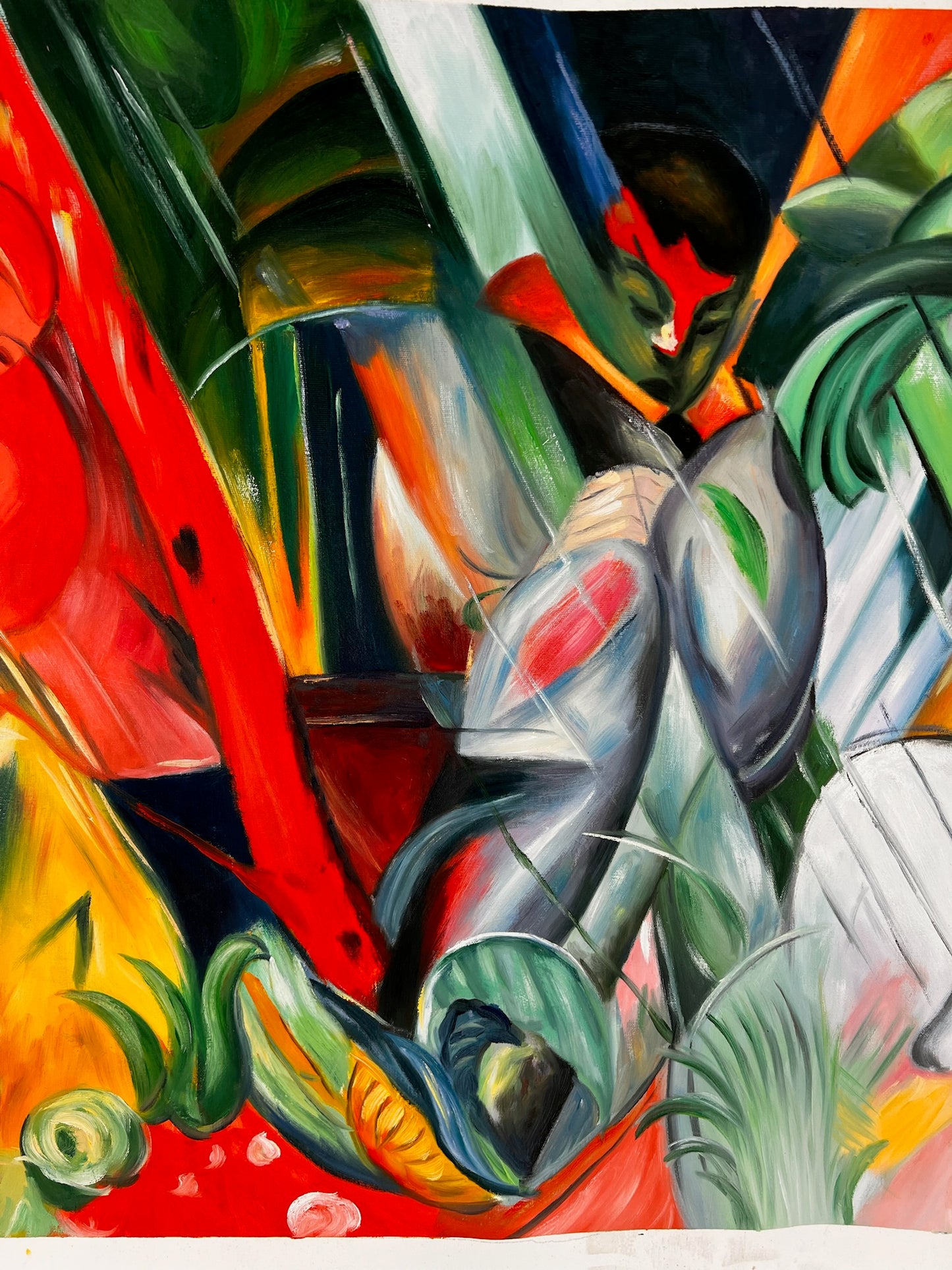 Sotto la pioggia (da Franz Marc) – Olio su tela espressionista dipinto a mano (64 × 80 cm, consegnato arrotolato)