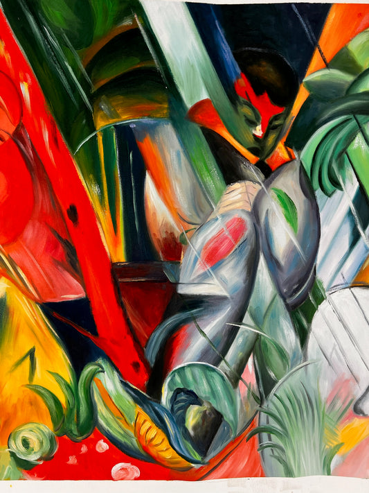 Sotto la pioggia (da Franz Marc) – Olio su tela espressionista dipinto a mano (64 × 80 cm, consegnato arrotolato)