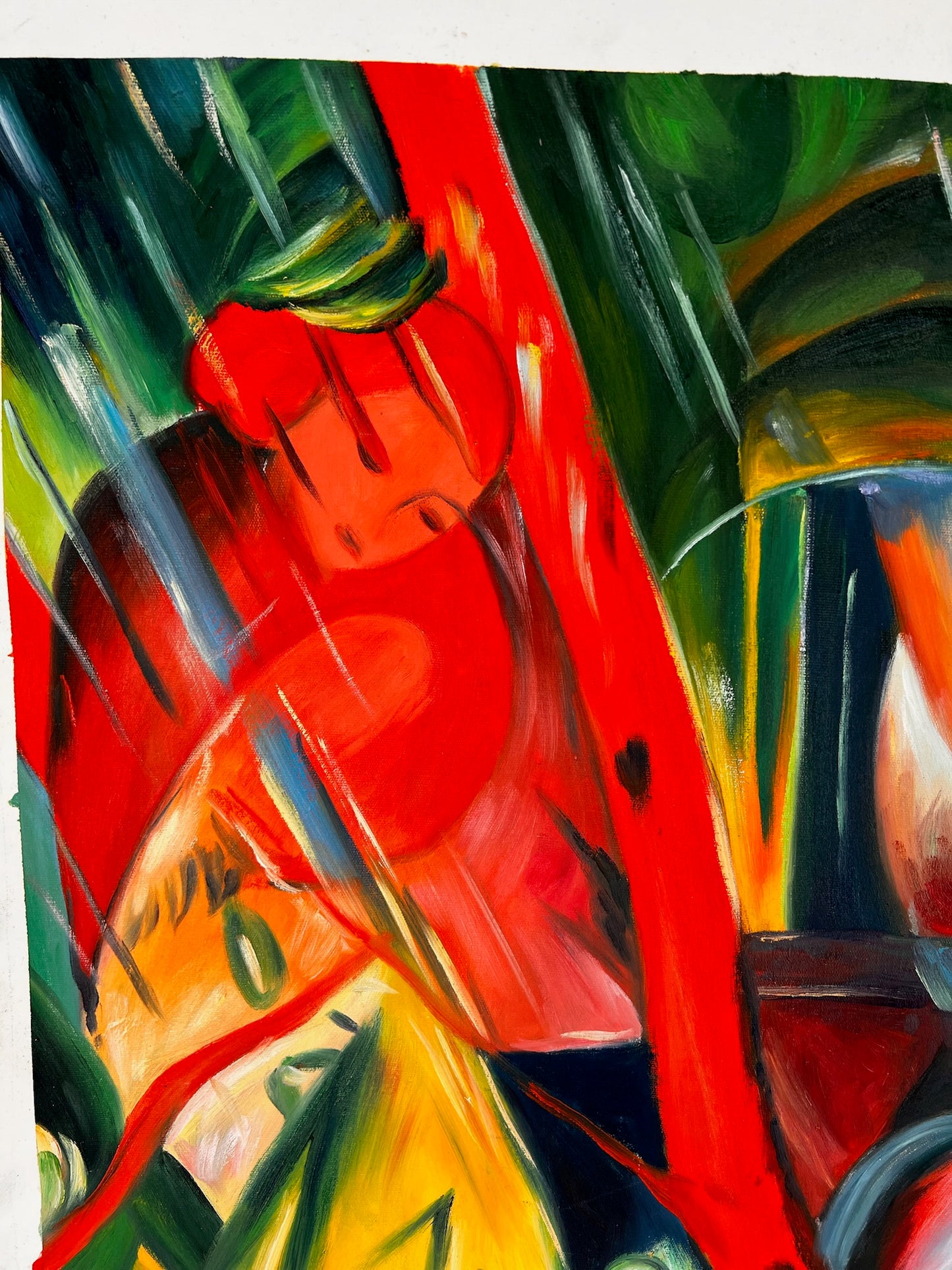Sotto la pioggia (da Franz Marc) – Olio su tela espressionista dipinto a mano (64 × 80 cm, consegnato arrotolato)