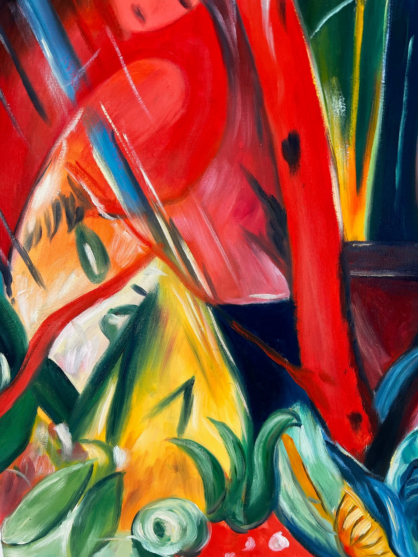 Sotto la pioggia (da Franz Marc) – Olio su tela espressionista dipinto a mano (64 × 80 cm, consegnato arrotolato)