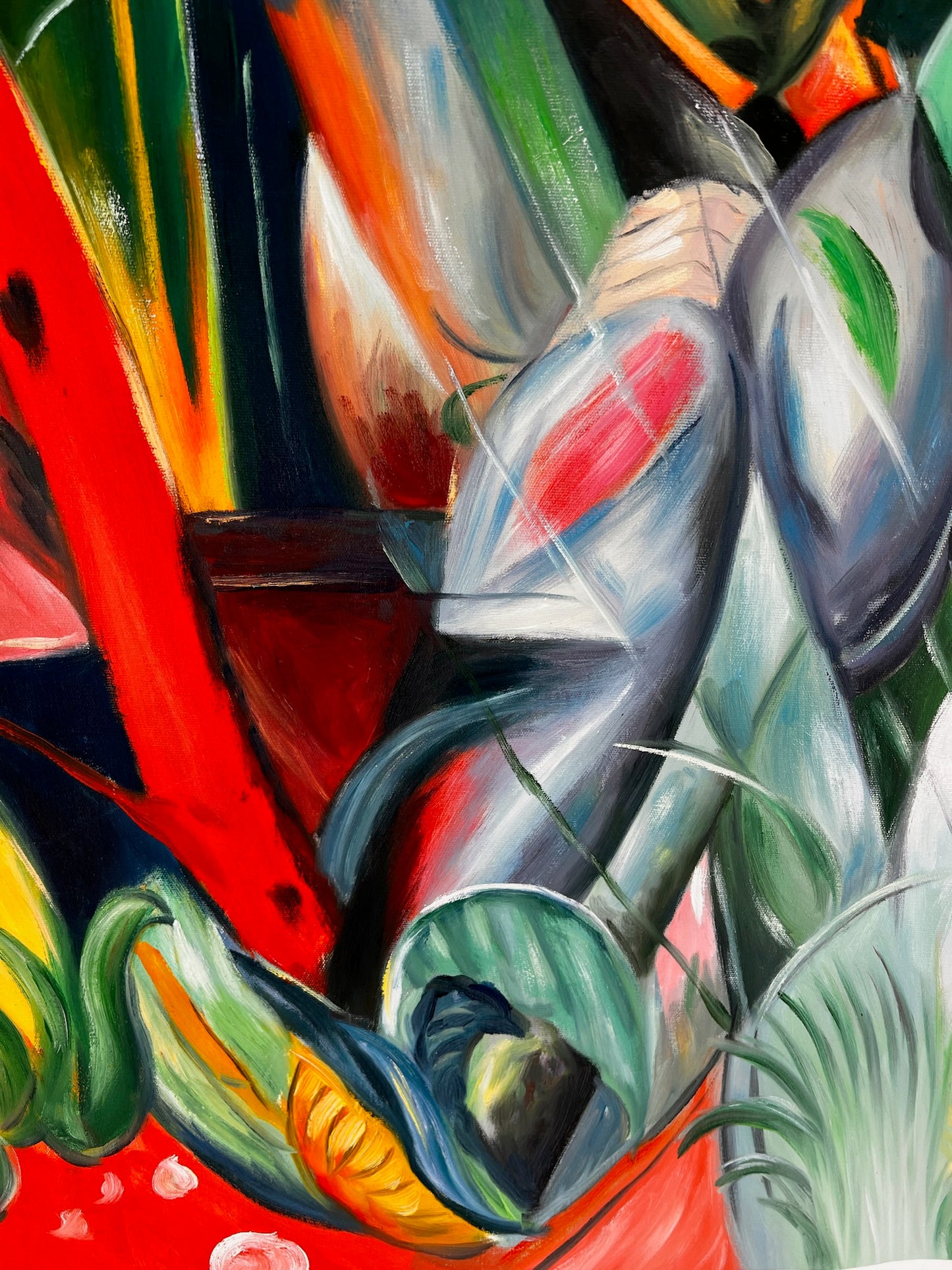 Sotto la pioggia (da Franz Marc) – Olio su tela espressionista dipinto a mano (64 × 80 cm, consegnato arrotolato)