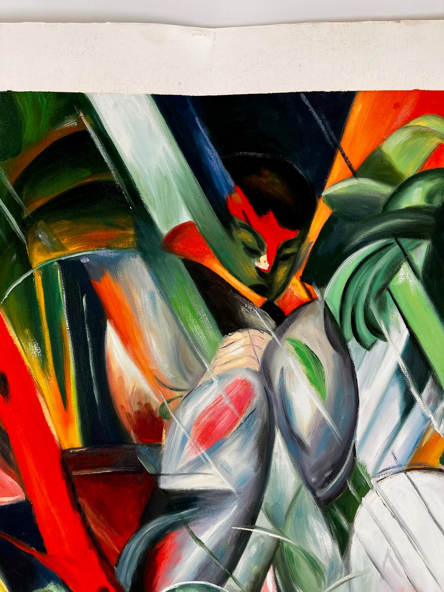 Sotto la pioggia (da Franz Marc) – Olio su tela espressionista dipinto a mano (64 × 80 cm, consegnato arrotolato)