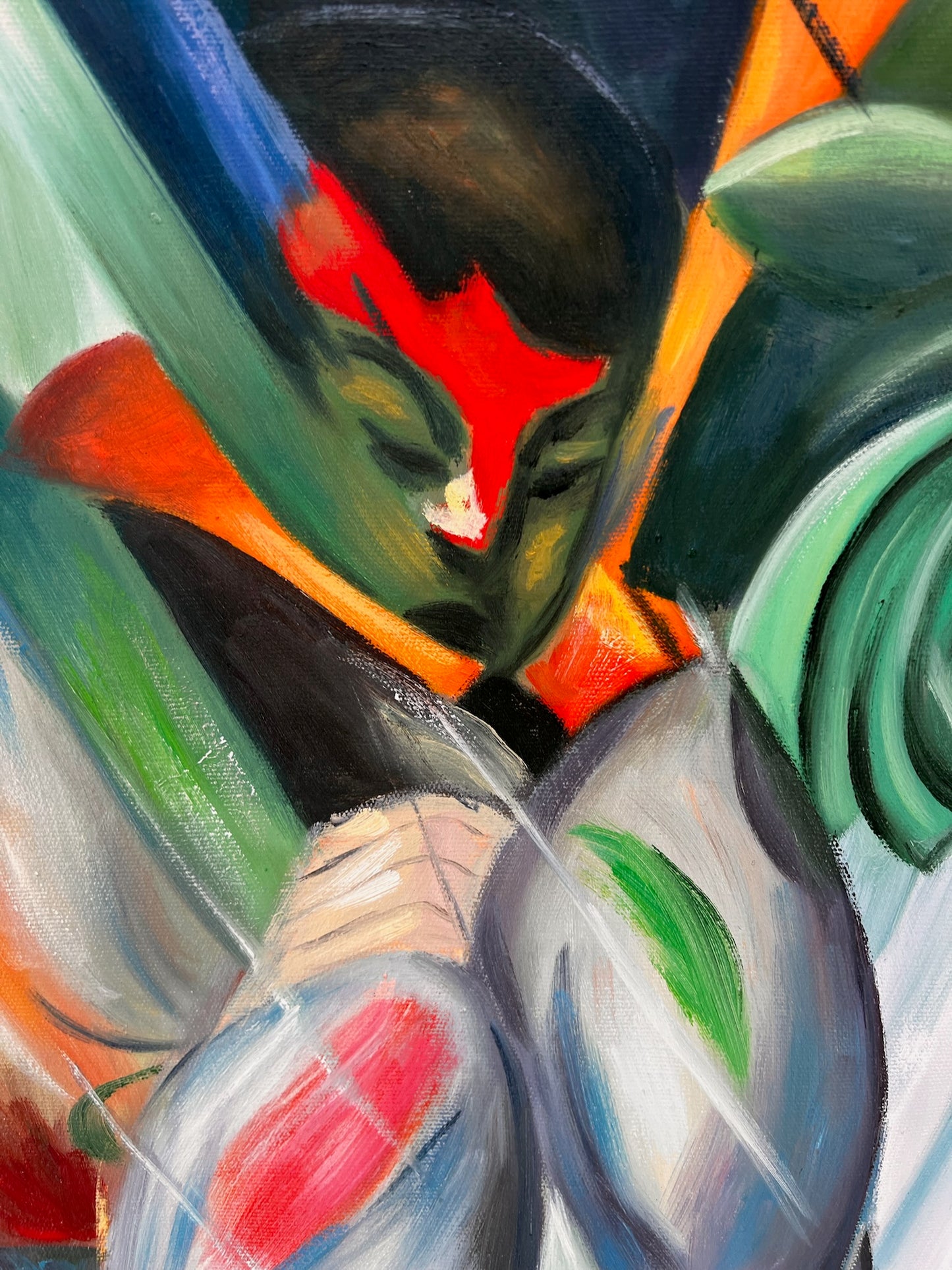 Sotto la pioggia (da Franz Marc) – Olio su tela espressionista dipinto a mano (64 × 80 cm, consegnato arrotolato)