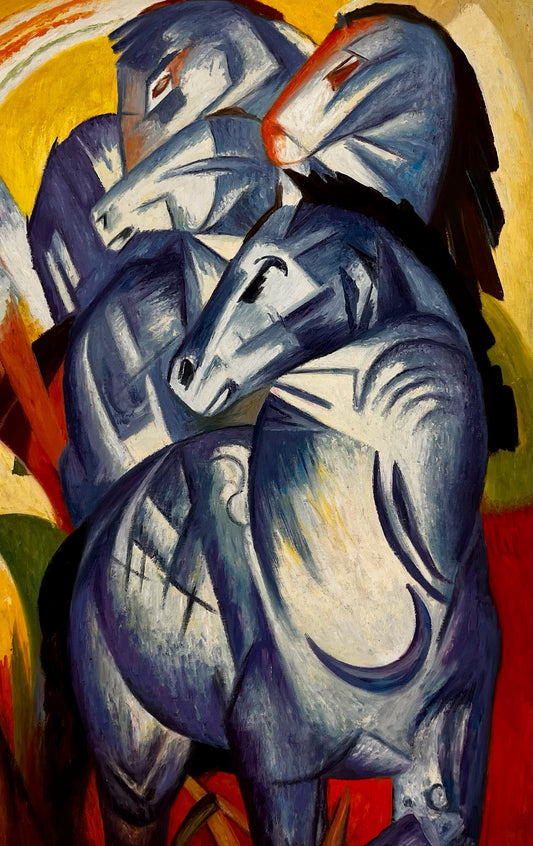 La Torre dei Cavalli Blu – Dipinto a Olio Espressionista Dipinto a Mano su Tela (60 × 80 cm)