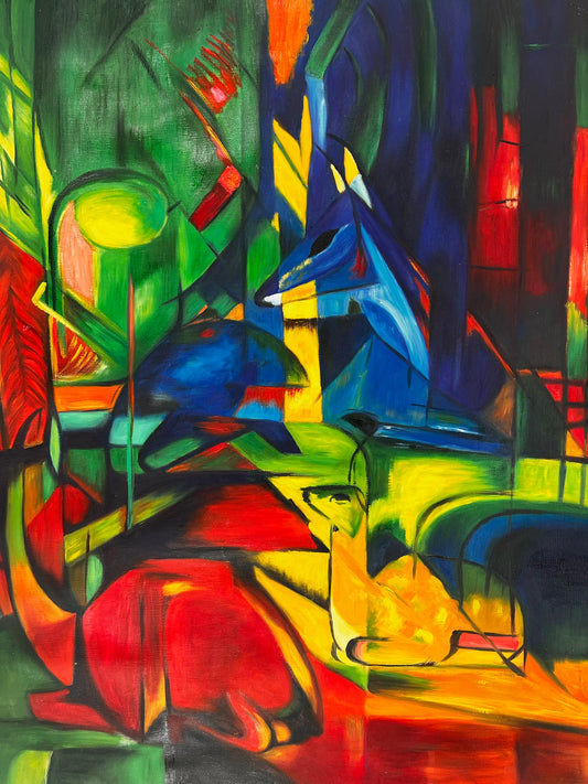 Rehe im Walde II (di Franz Marc) – Olio su tela espressionista dipinto a mano (consegna arrotolata)