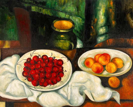 Cézanne – Bacche e frutta – olio su tela dipinto a mano (164 × 80 cm) – incorniciato su tela