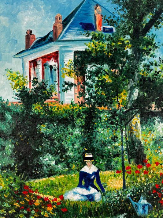 Donna nel Giardino (dopo Édouard Manet) – Olio Impressionista Dipinto a Mano su Tela (60 × 80 cm)