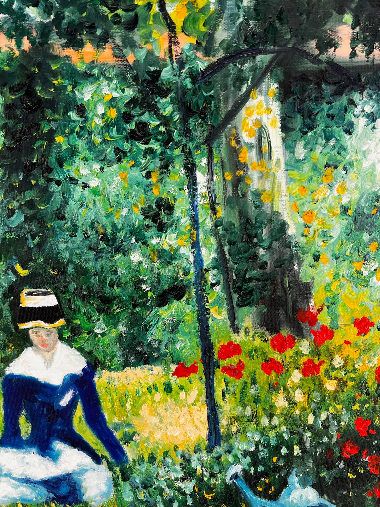 Donna nel Giardino (dopo Édouard Manet) – Olio Impressionista Dipinto a Mano su Tela (60 × 80 cm)
