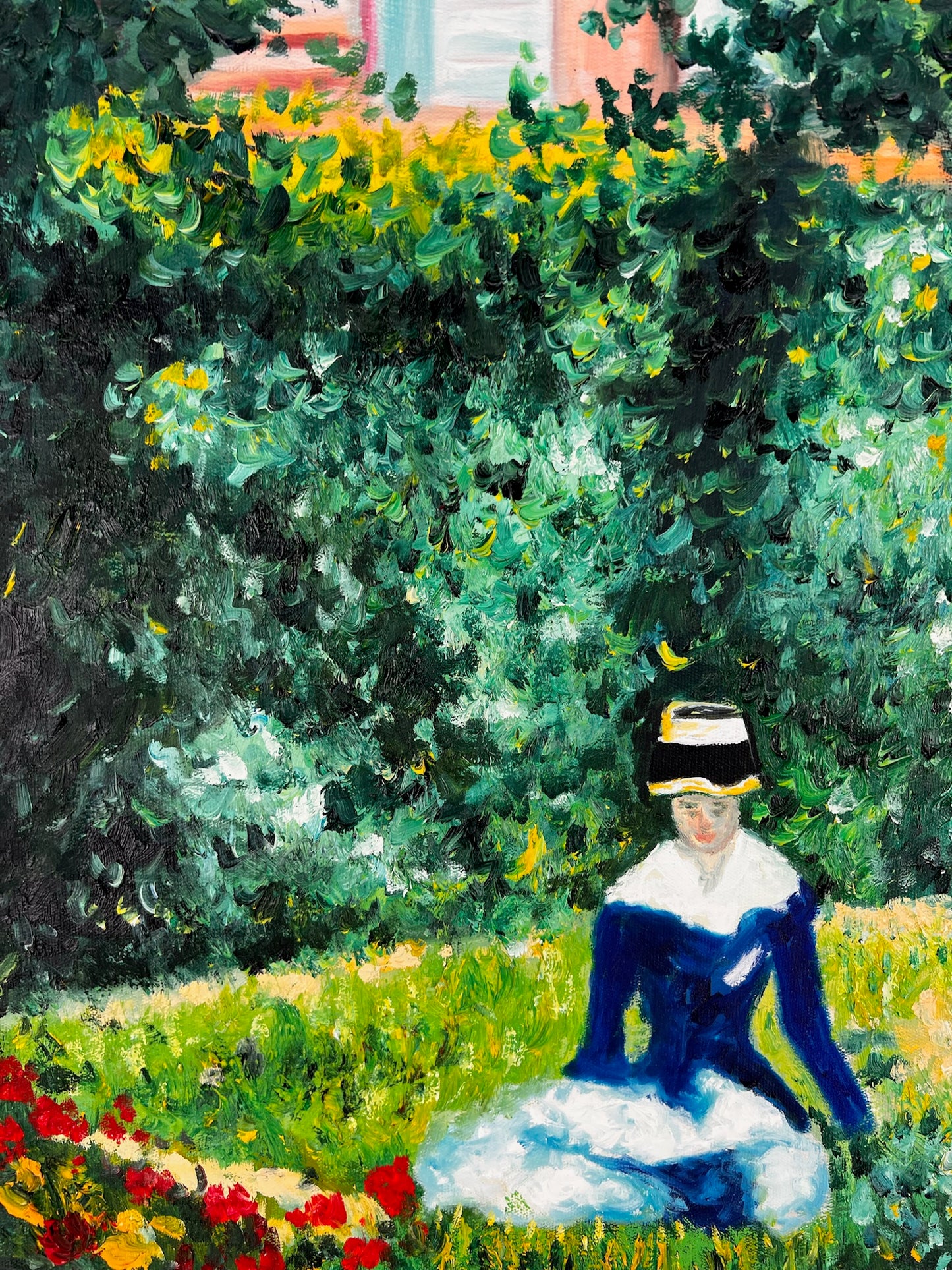 Donna nel Giardino (dopo Édouard Manet) – Olio Impressionista Dipinto a Mano su Tela (60 × 80 cm)