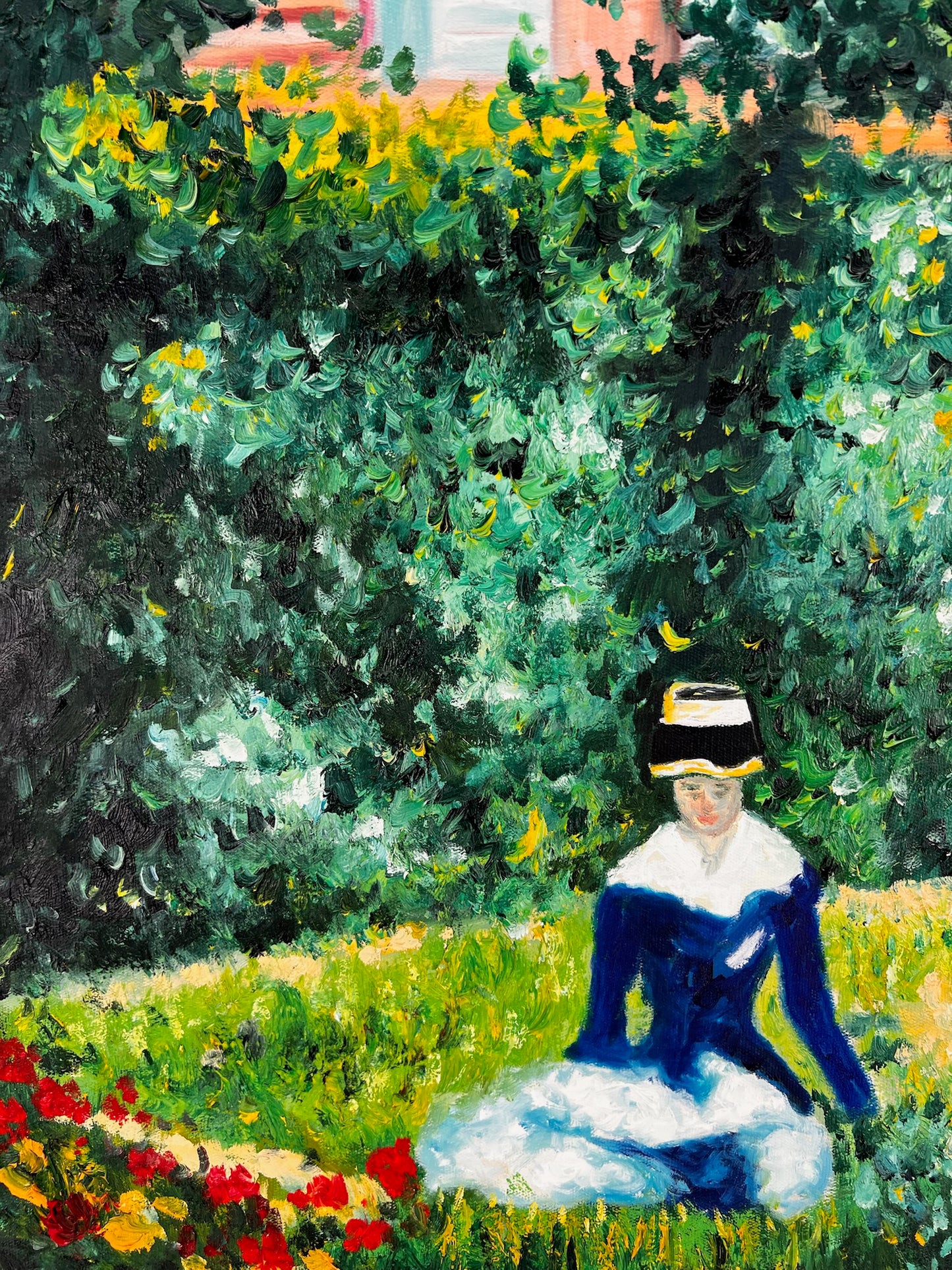 Donna nel Giardino (dopo Édouard Manet) – Olio Impressionista Dipinto a Mano su Tela (60 × 80 cm)