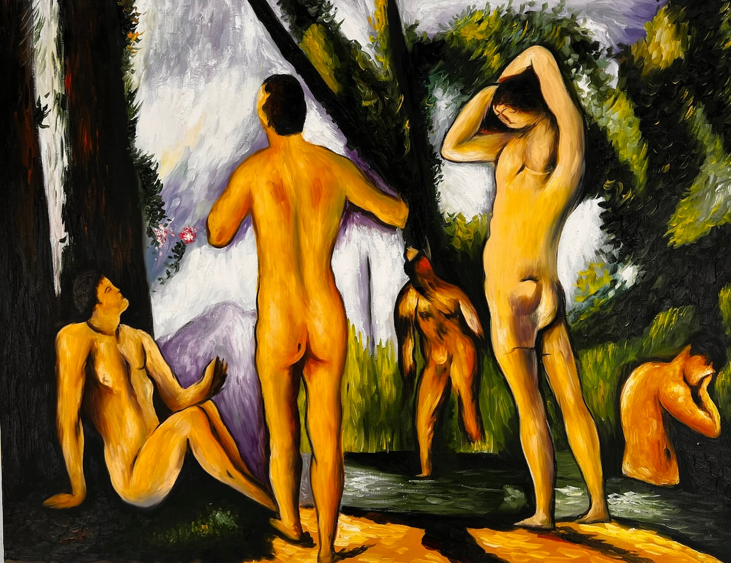 Les Grandes Baigneuses (5 Figure) – Dipinto a olio post-impressionista su tela dipinta a mano (164 × 80 cm)