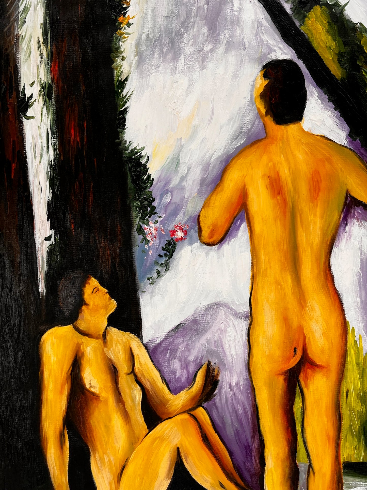 Les Grandes Baigneuses (5 Figure) – Dipinto a olio post-impressionista su tela dipinta a mano (164 × 80 cm)