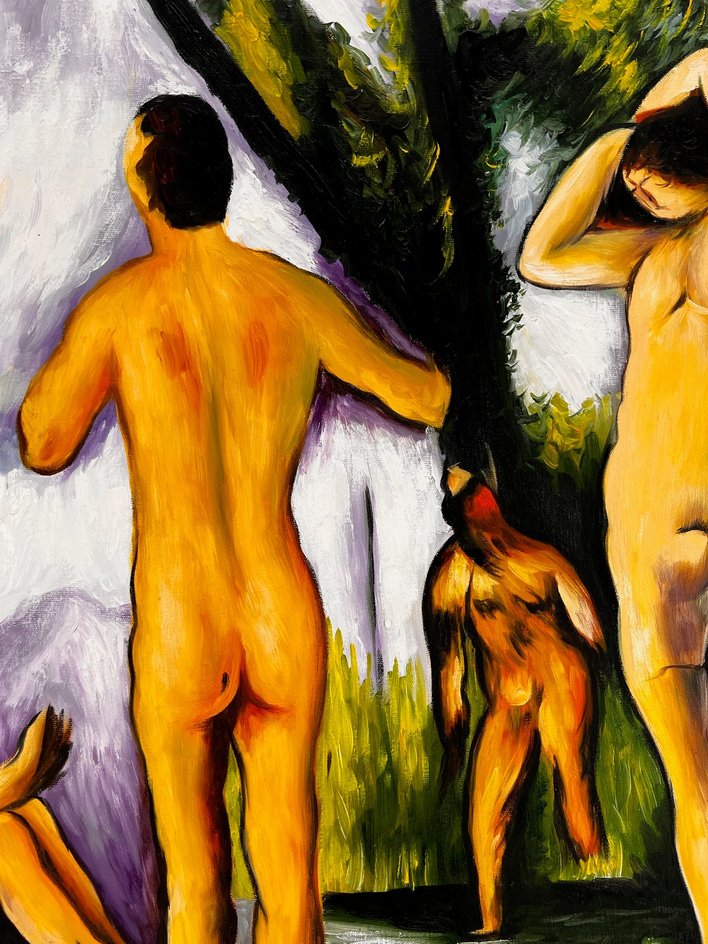 Les Grandes Baigneuses (5 Figure) – Dipinto a olio post-impressionista su tela dipinta a mano (164 × 80 cm)