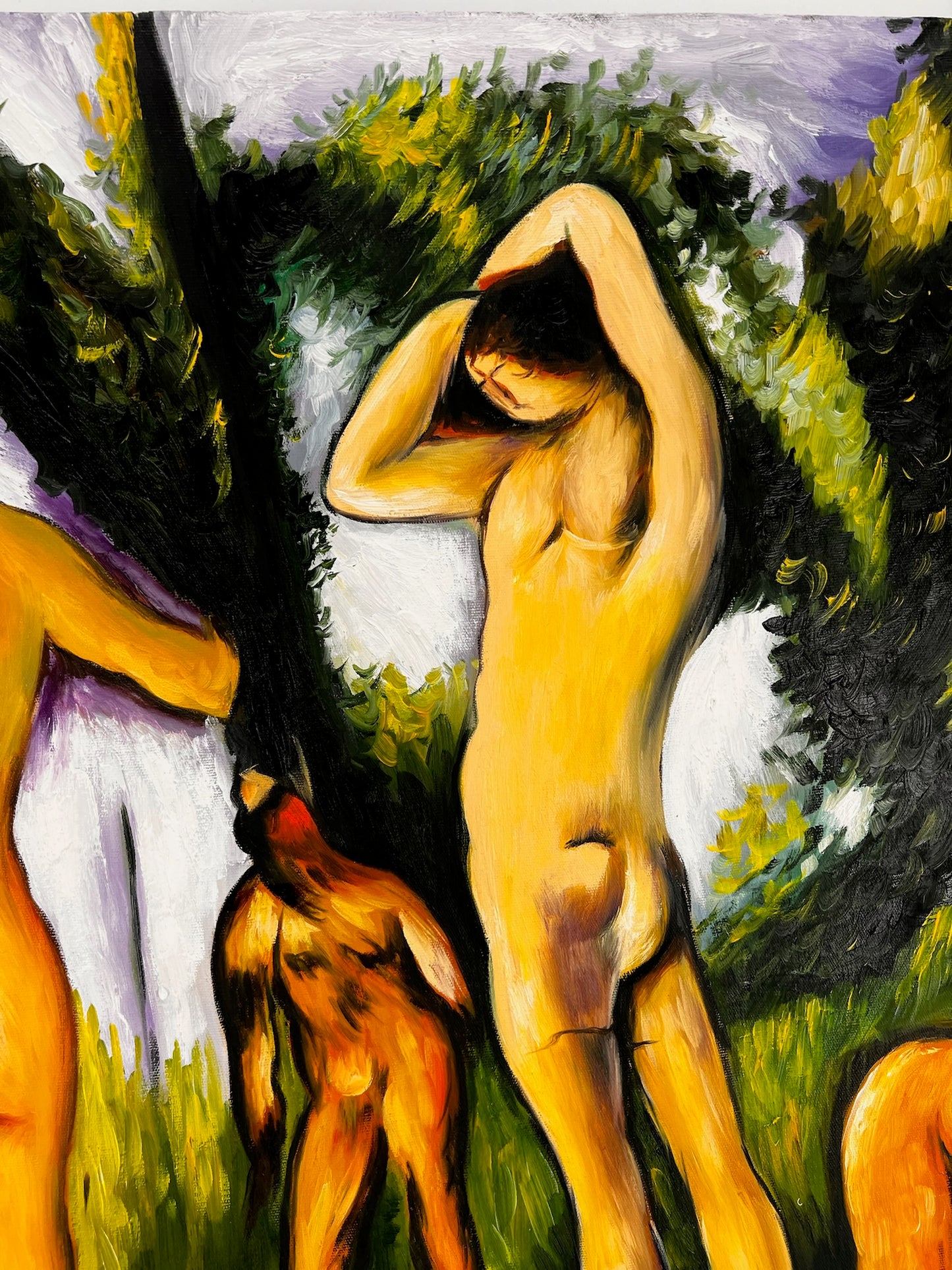 Les Grandes Baigneuses (5 Figure) – Dipinto a olio post-impressionista su tela dipinta a mano (164 × 80 cm)