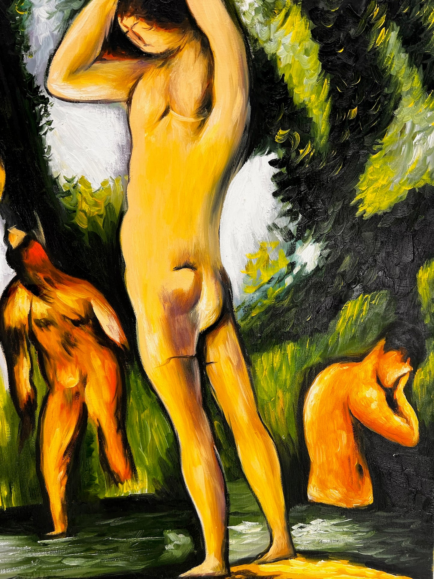 Les Grandes Baigneuses (5 Figure) – Dipinto a olio post-impressionista su tela dipinta a mano (164 × 80 cm)