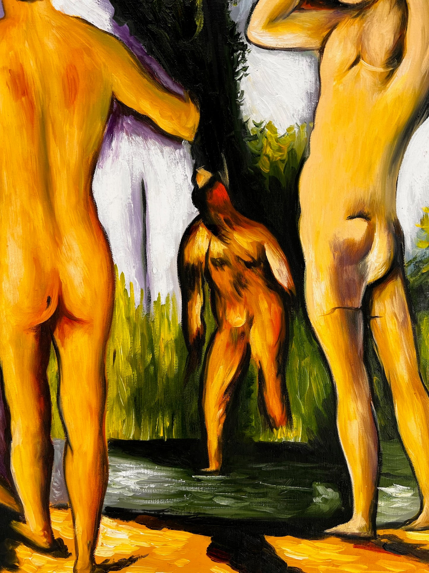 Les Grandes Baigneuses (5 Figure) – Dipinto a olio post-impressionista su tela dipinta a mano (164 × 80 cm)