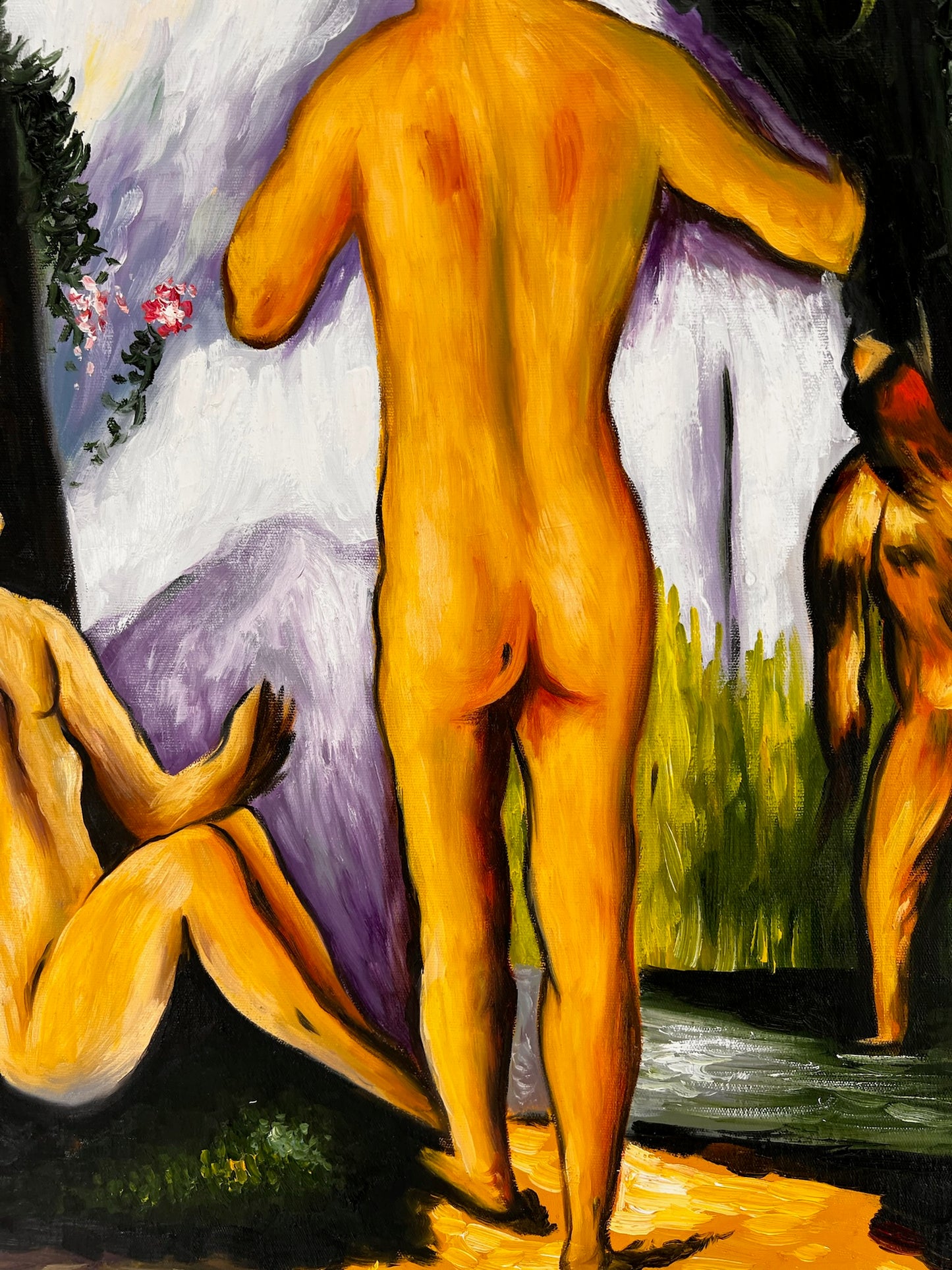 Les Grandes Baigneuses (5 Figure) – Dipinto a olio post-impressionista su tela dipinta a mano (164 × 80 cm)