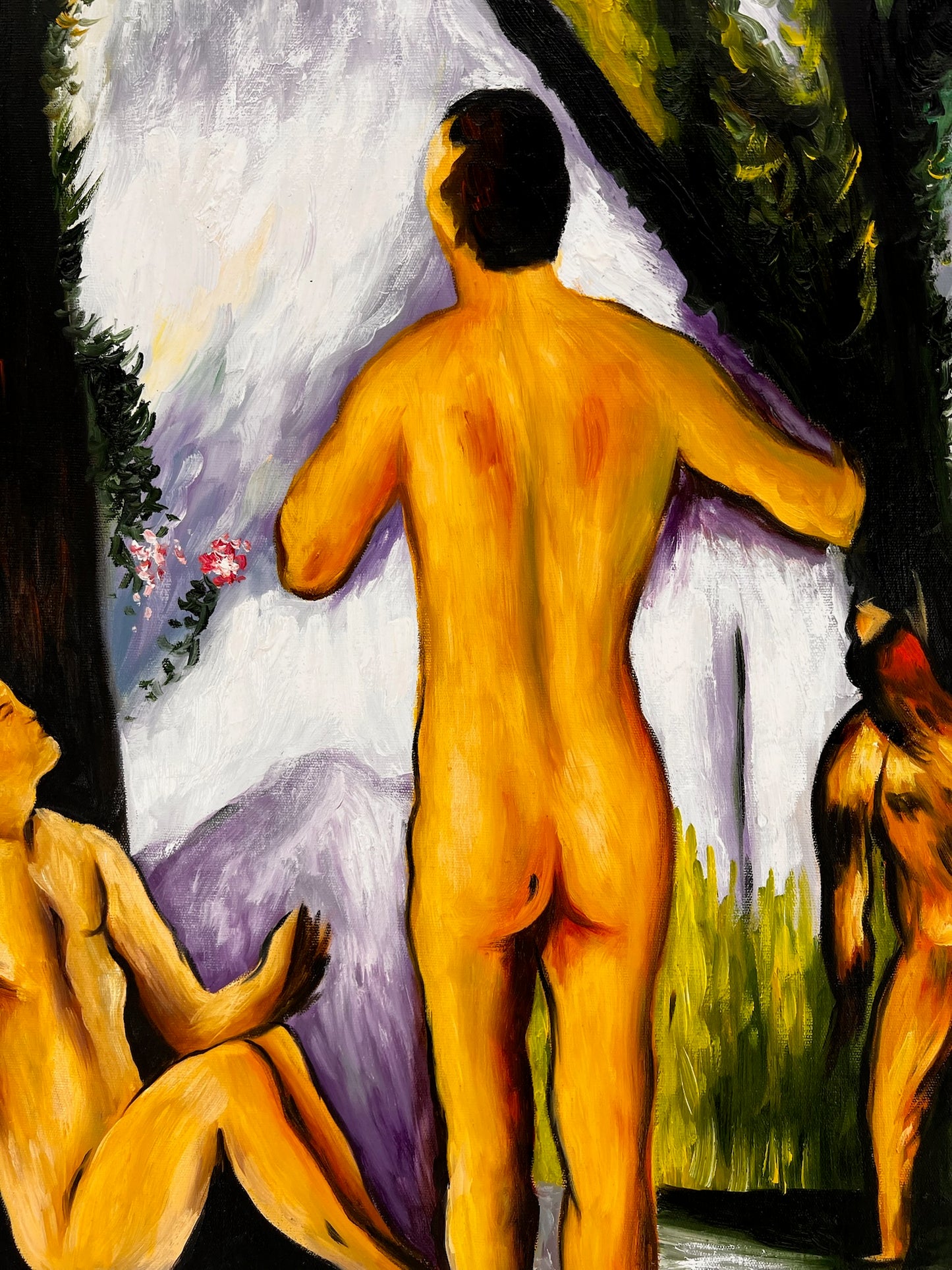 Les Grandes Baigneuses (5 Figure) – Dipinto a olio post-impressionista su tela dipinta a mano (164 × 80 cm)