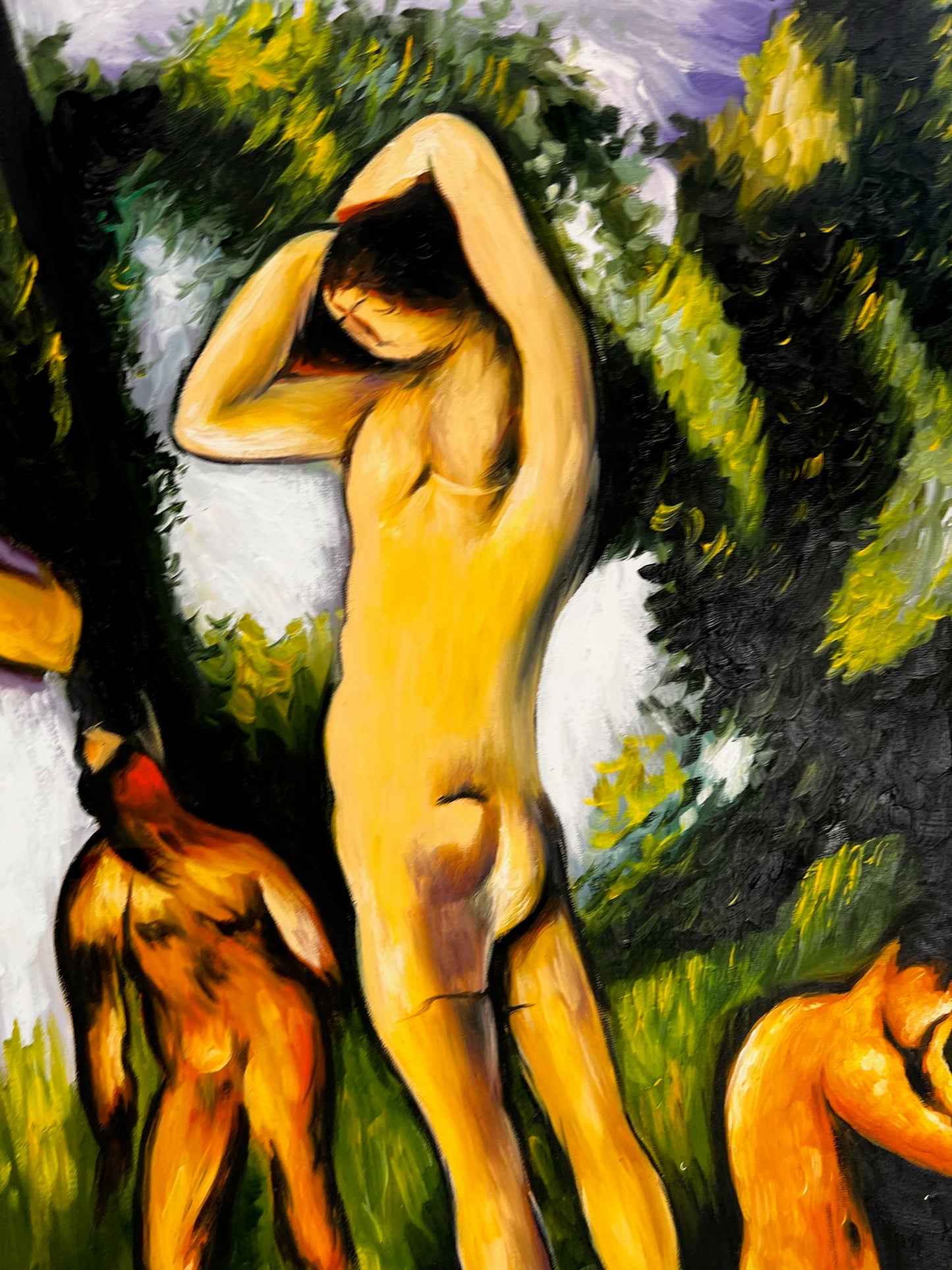 Les Grandes Baigneuses (5 Figure) – Dipinto a olio post-impressionista su tela dipinta a mano (164 × 80 cm)