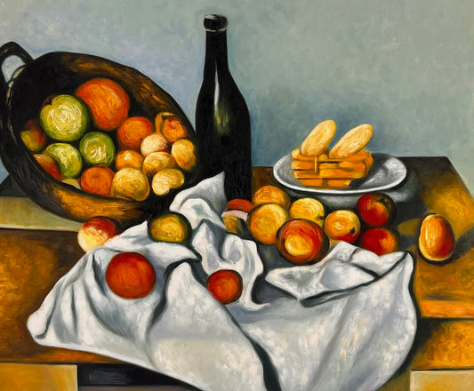 Frutta e torta – Dipinto ad olio post-impressionista dipinto a mano su tela (64 × 80 cm)