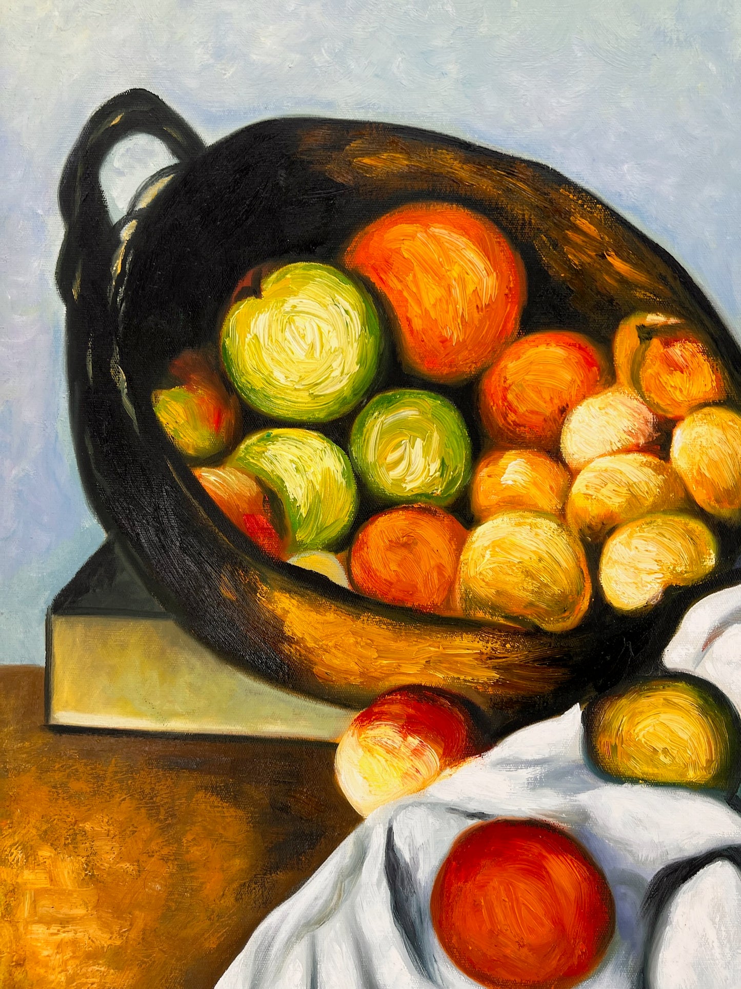 Frutta e torta – Dipinto ad olio post-impressionista dipinto a mano su tela (64 × 80 cm)