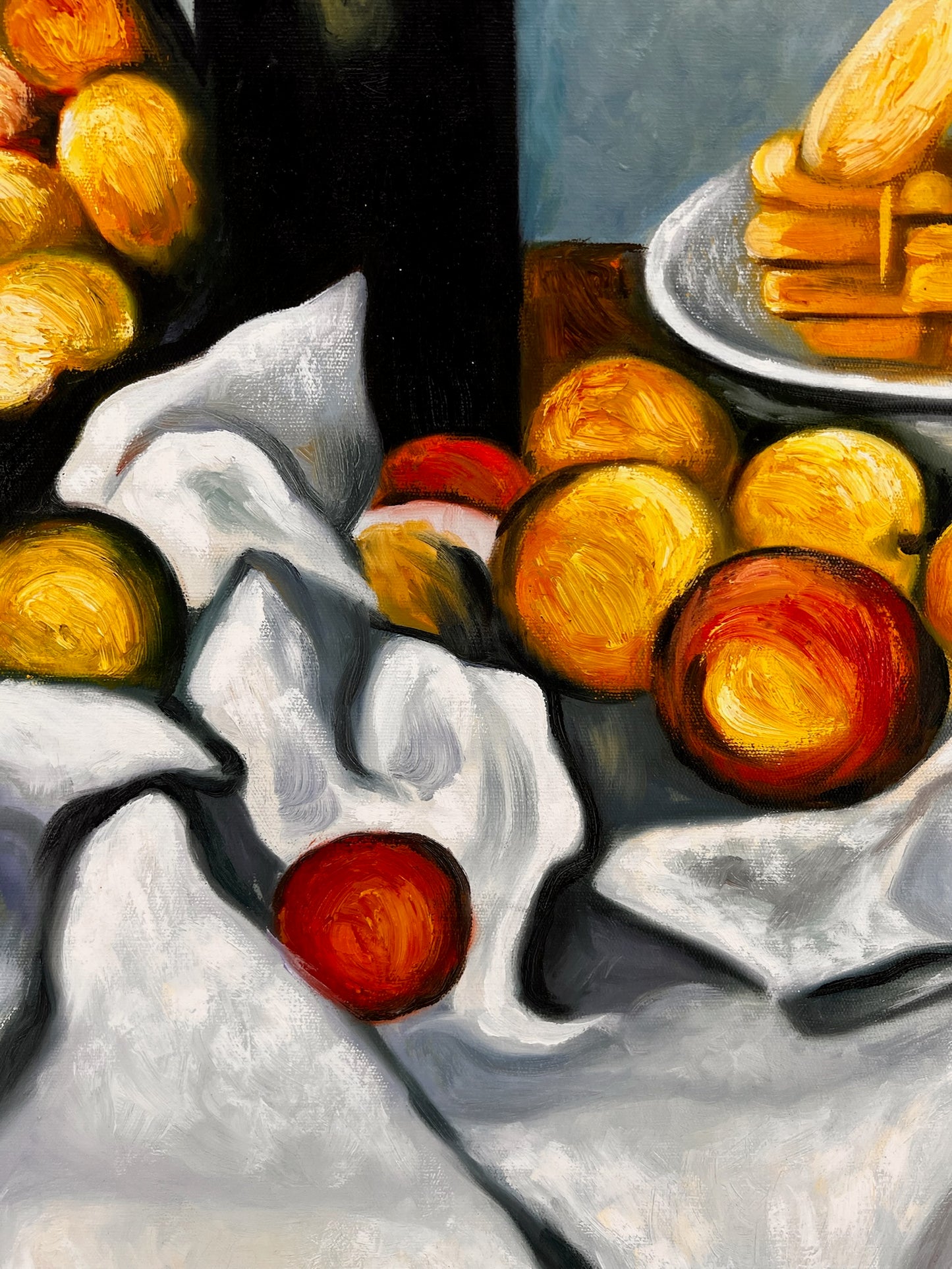 Frutta e torta – Dipinto ad olio post-impressionista dipinto a mano su tela (64 × 80 cm)