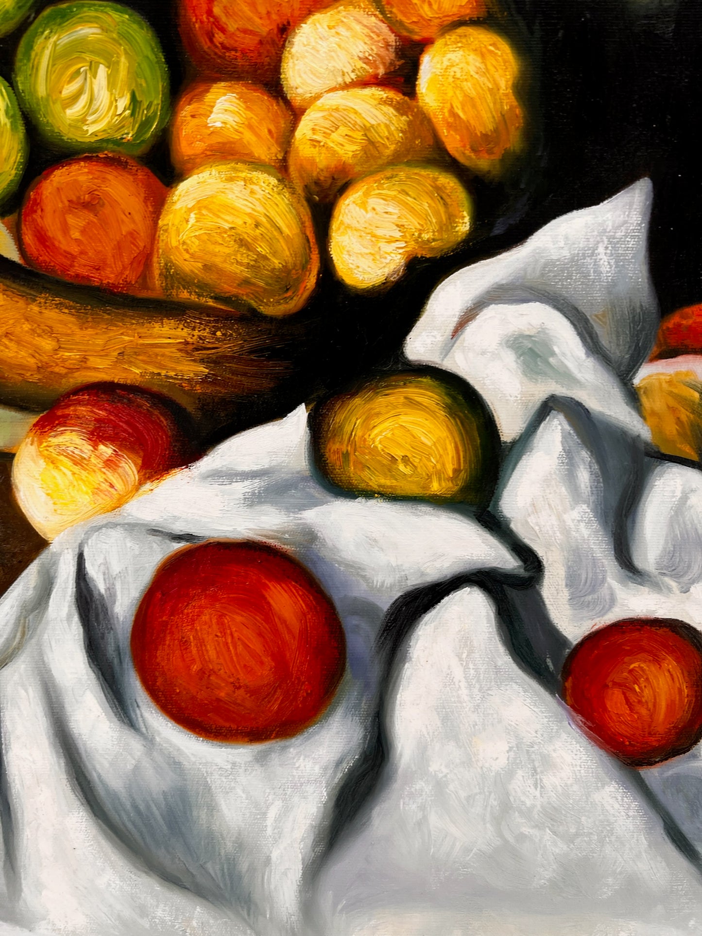 Frutta e torta – Dipinto ad olio post-impressionista dipinto a mano su tela (64 × 80 cm)