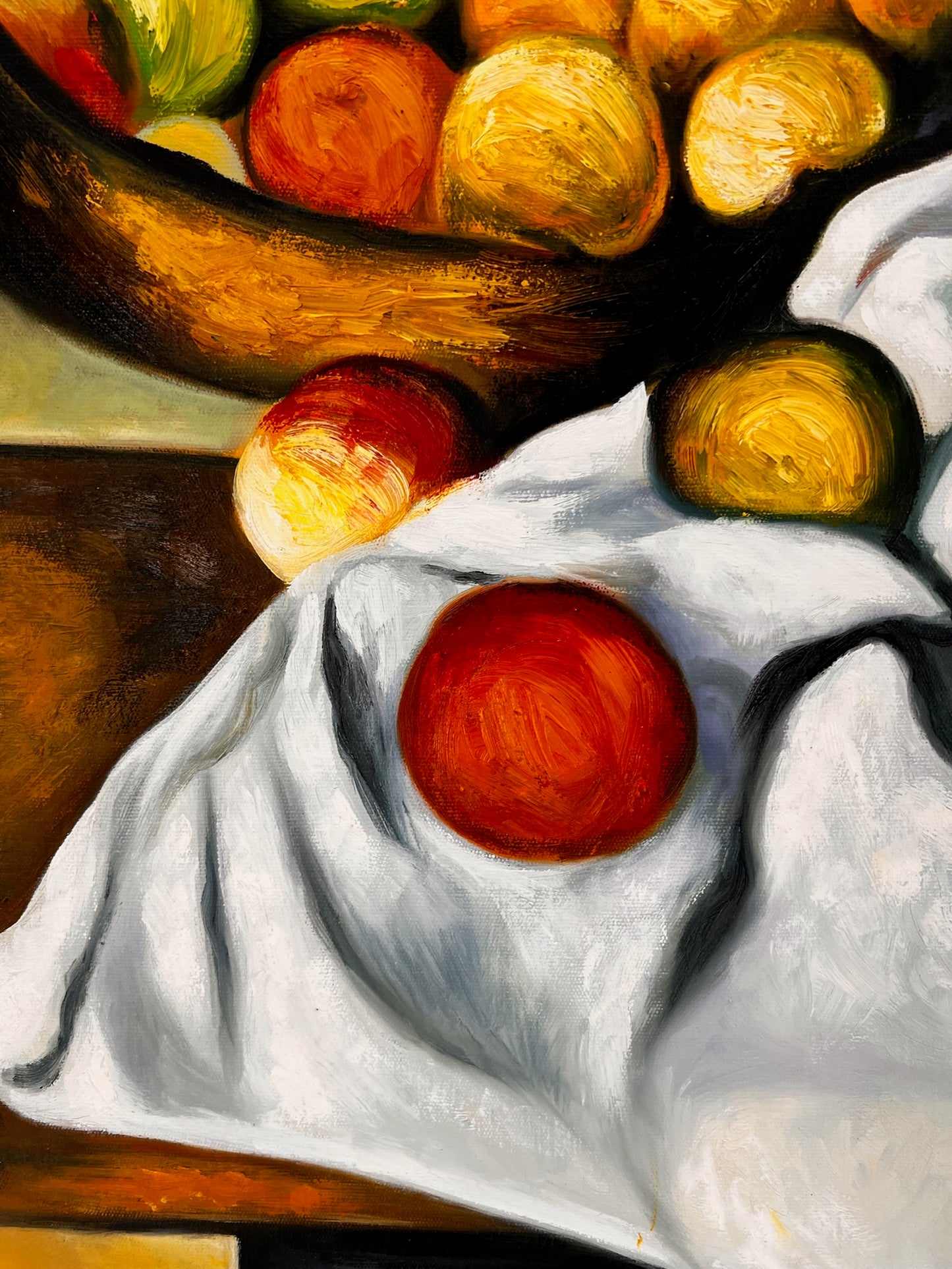 Frutta e torta – Dipinto ad olio post-impressionista dipinto a mano su tela (64 × 80 cm)