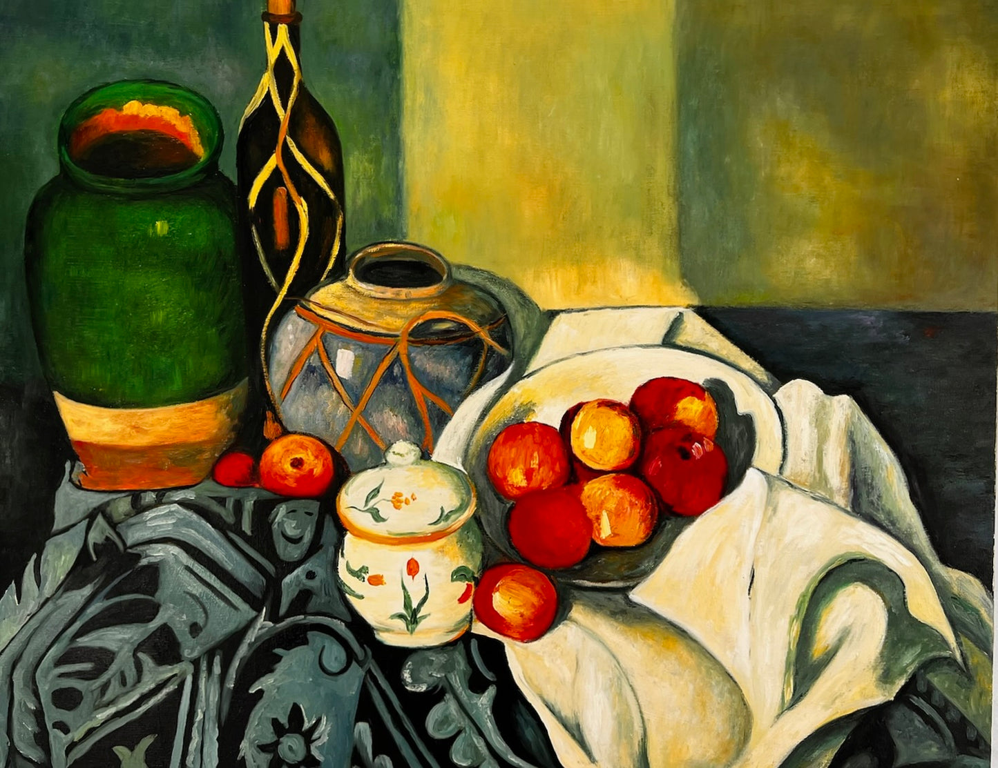 Natura morta con frutta e bottiglia verde – Dipinto a olio post-impressionista dipinto a mano su tela (64 × 80 cm)