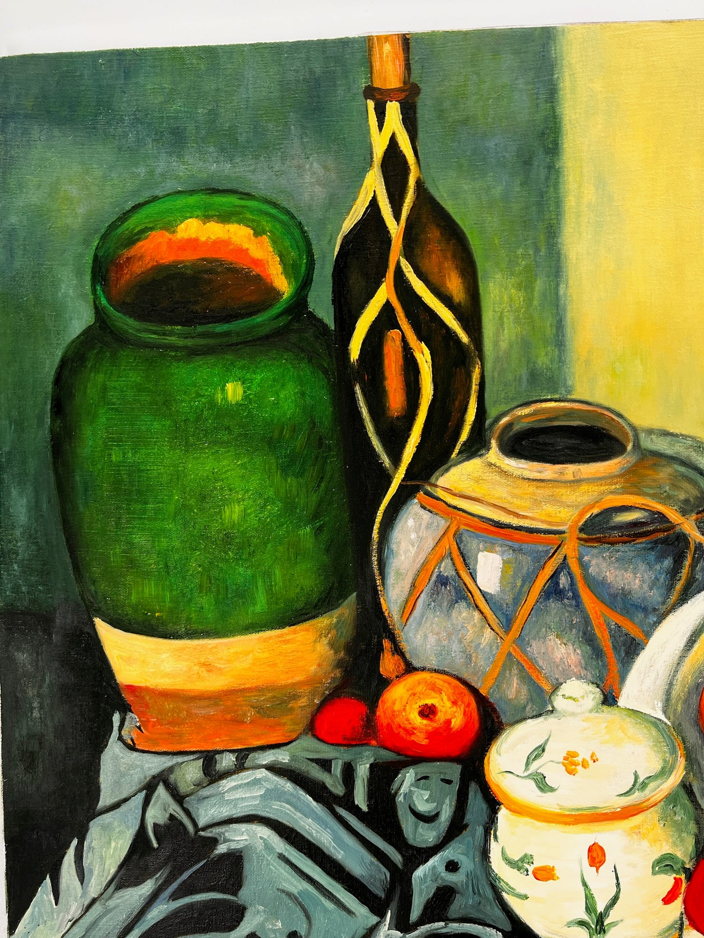 Natura morta con frutta e bottiglia verde – Dipinto a olio post-impressionista dipinto a mano su tela (64 × 80 cm)