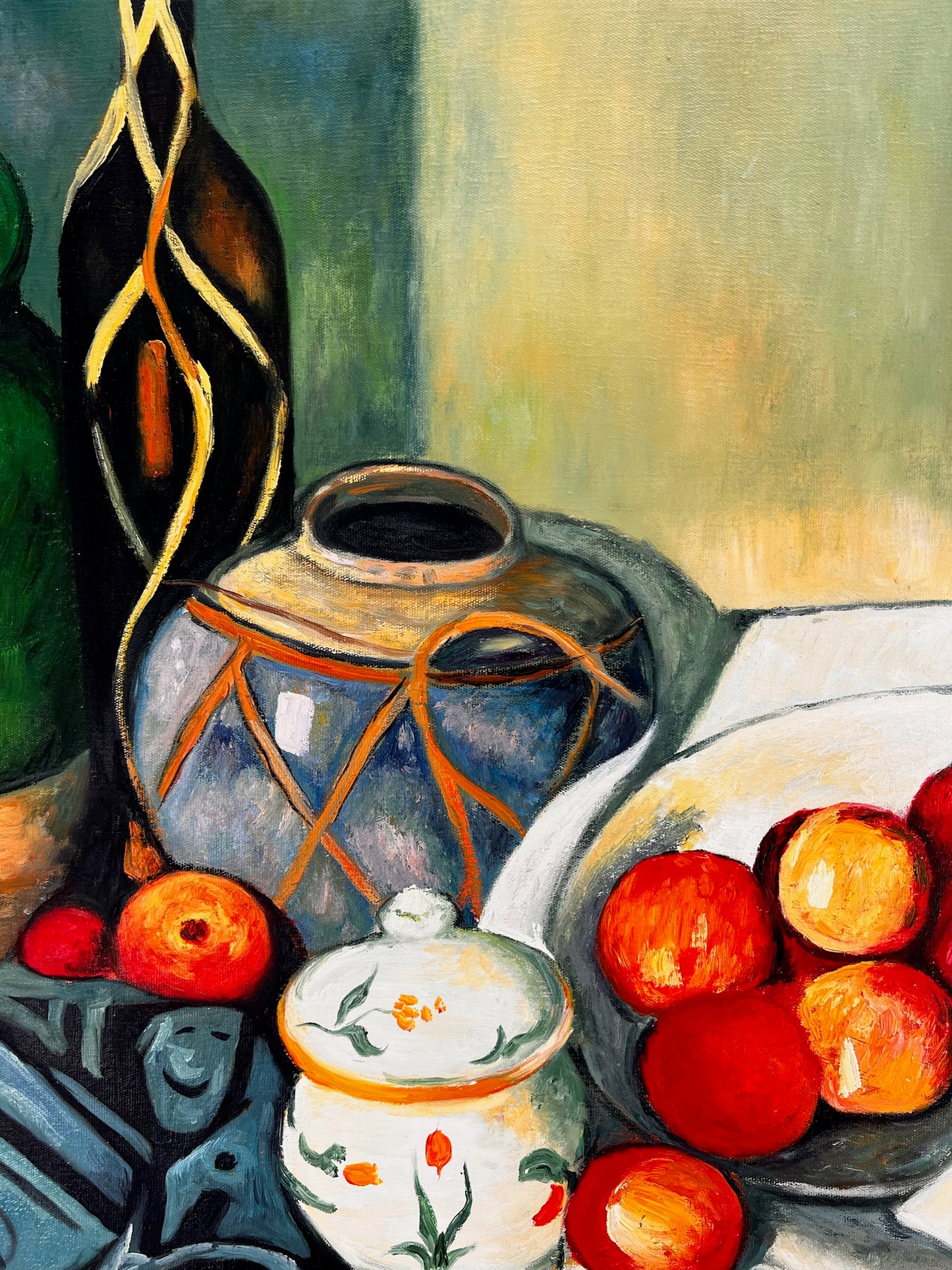 Natura morta con frutta e bottiglia verde – Dipinto a olio post-impressionista dipinto a mano su tela (64 × 80 cm)