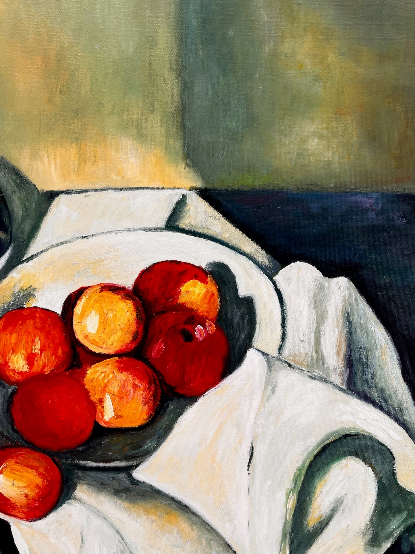 Natura morta con frutta e bottiglia verde – Dipinto a olio post-impressionista dipinto a mano su tela (64 × 80 cm)