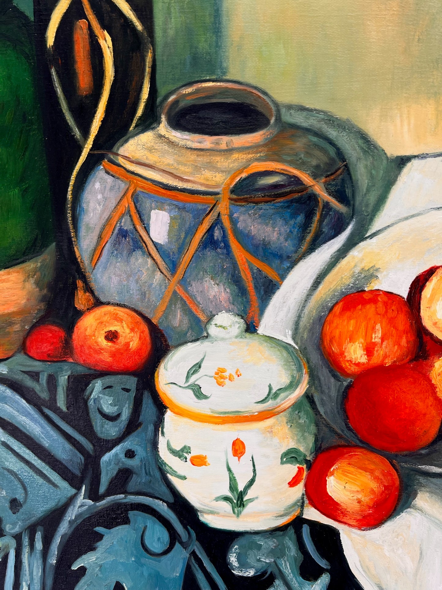Natura morta con frutta e bottiglia verde – Dipinto a olio post-impressionista dipinto a mano su tela (64 × 80 cm)