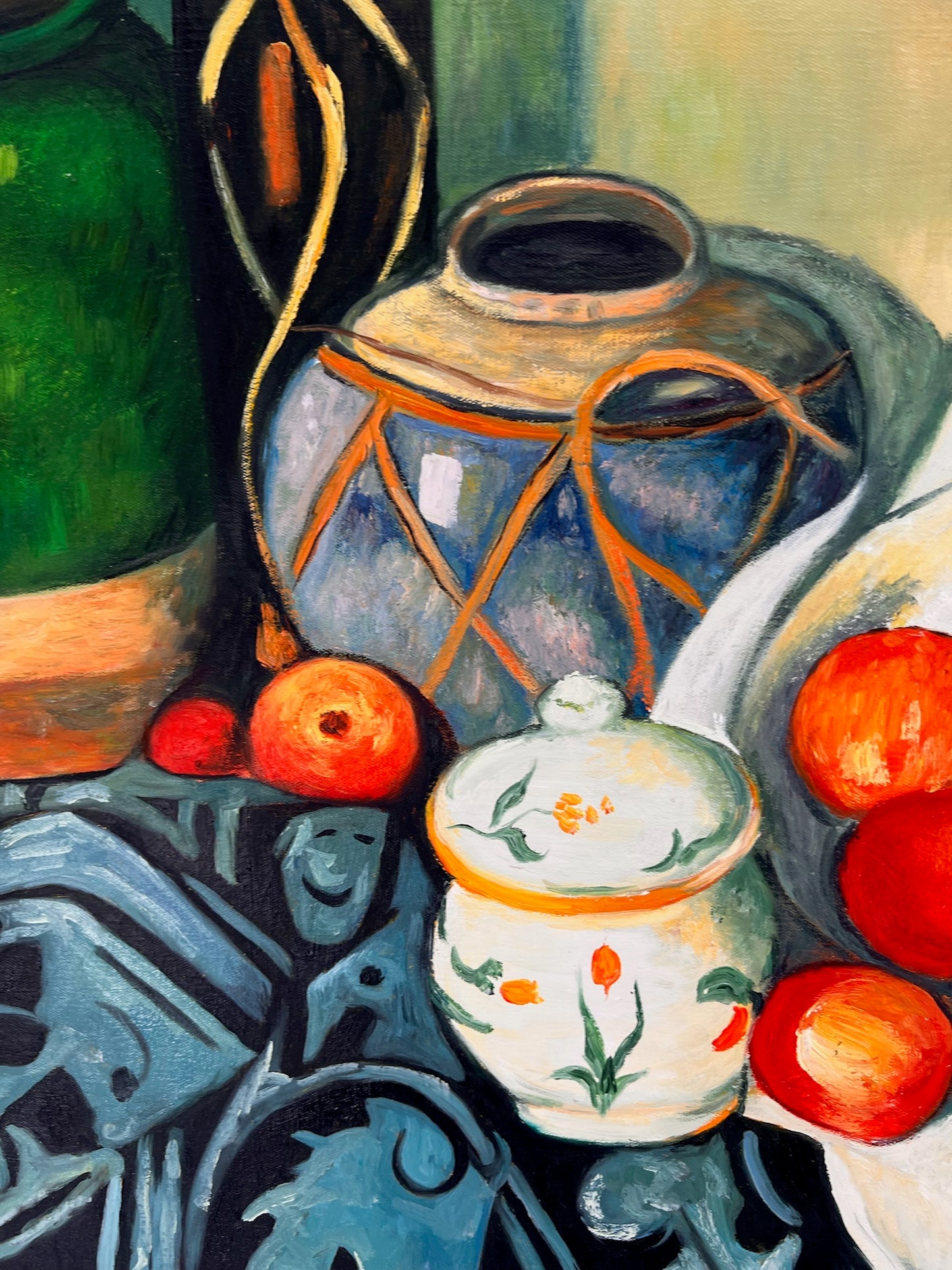 Natura morta con frutta e bottiglia verde – Dipinto a olio post-impressionista dipinto a mano su tela (64 × 80 cm)