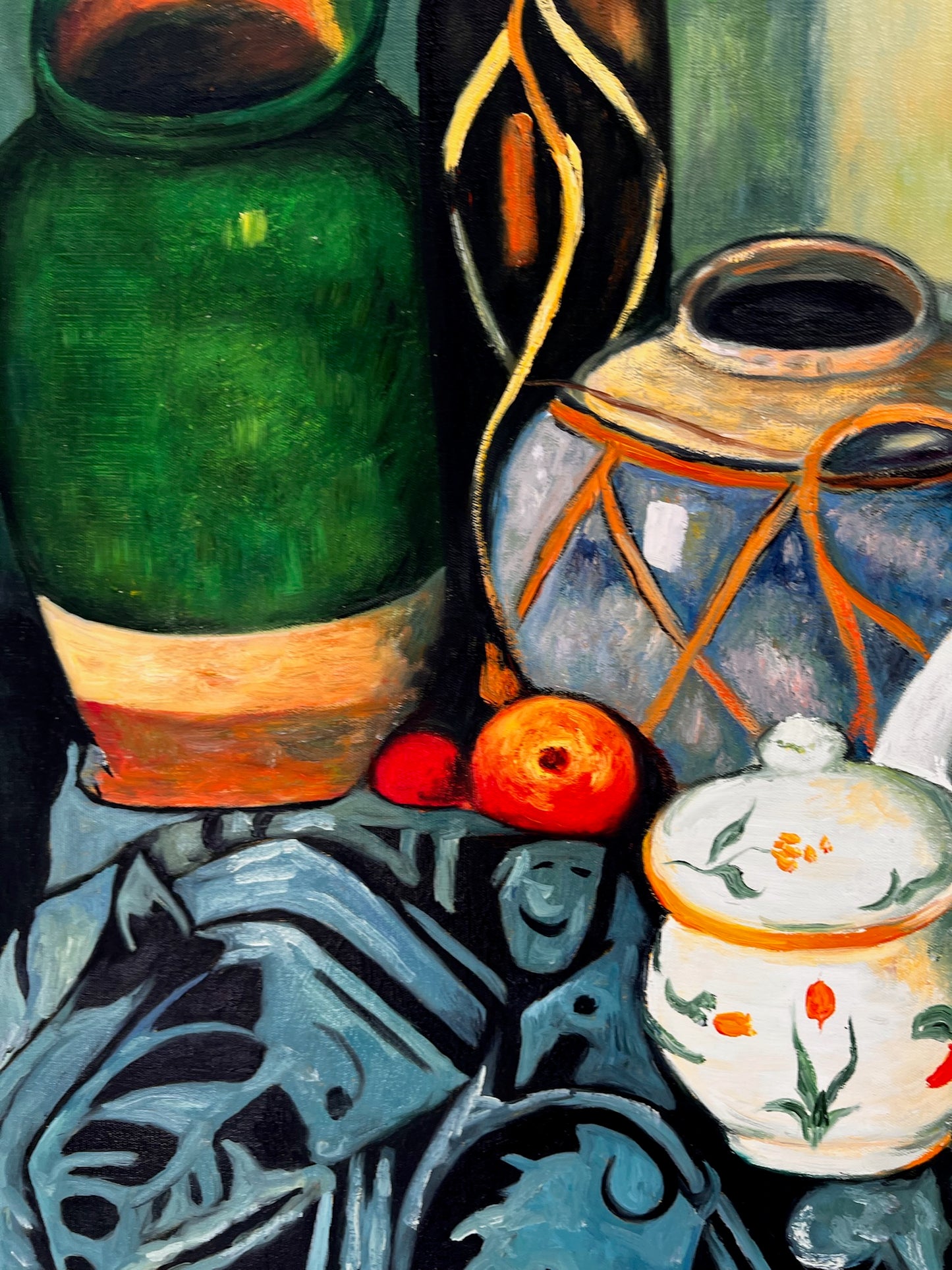 Natura morta con frutta e bottiglia verde – Dipinto a olio post-impressionista dipinto a mano su tela (64 × 80 cm)