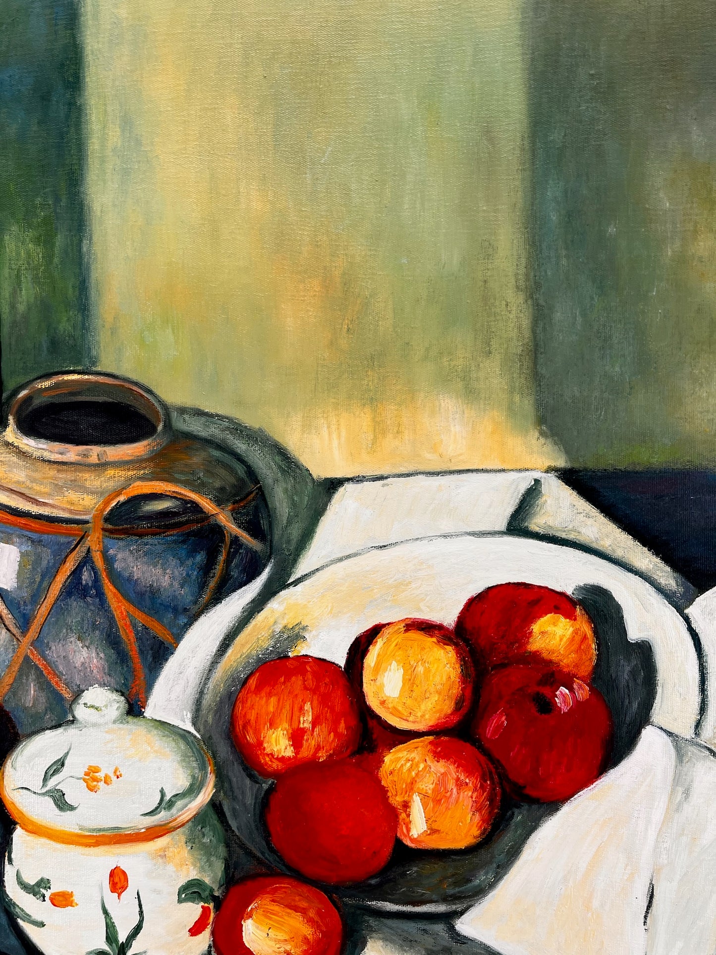 Natura morta con frutta e bottiglia verde – Dipinto a olio post-impressionista dipinto a mano su tela (64 × 80 cm)